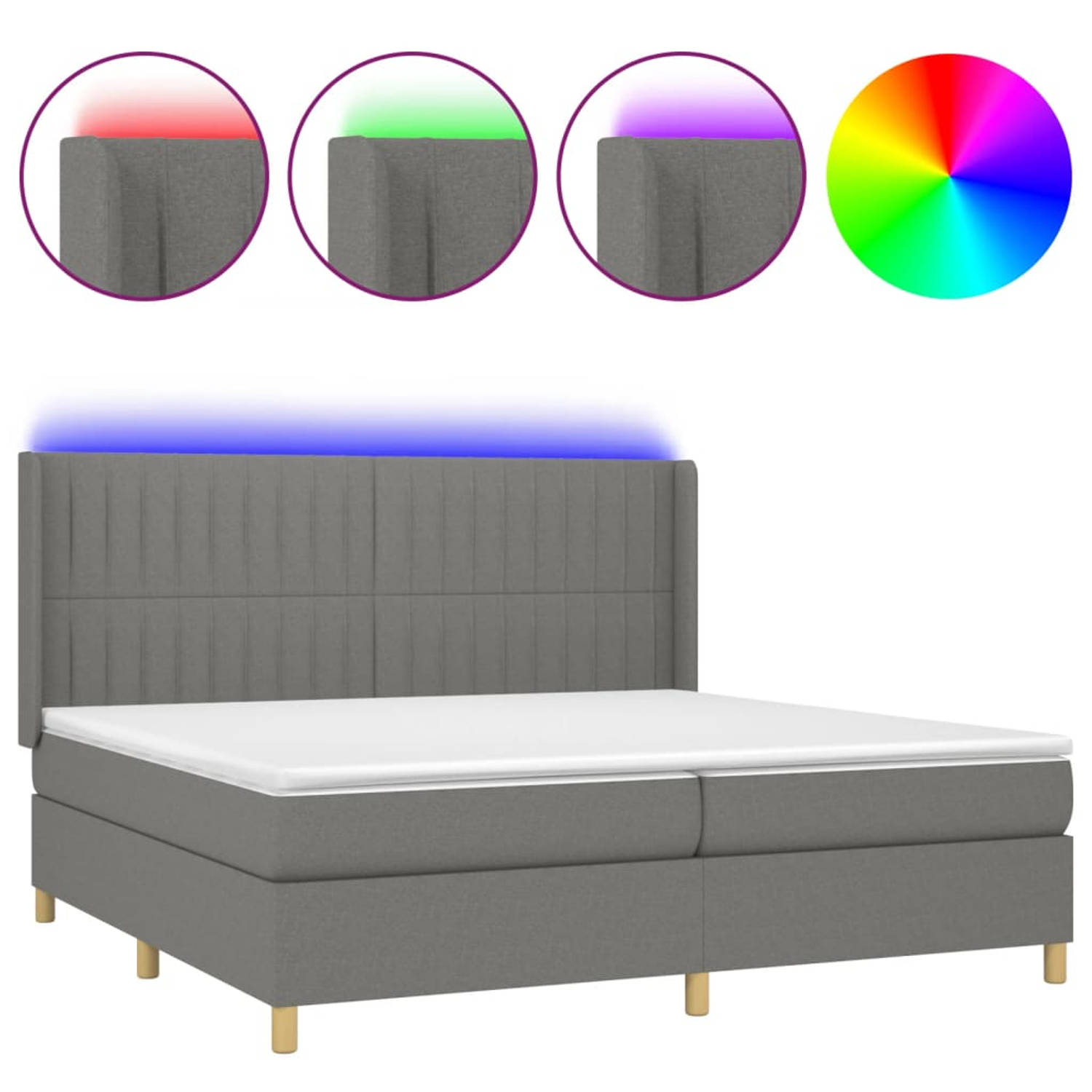 The Living Store Boxspring - donkergrijs - 203 x 203 cm - verstelbaar hoofdbord - LED-verlichting - pocketvering matras - huidvriendelijk topmatras