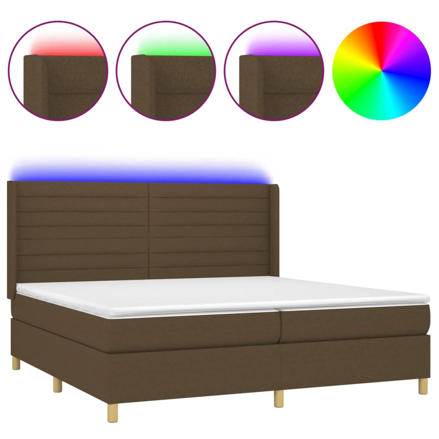The Living Store Bed - Boxspring - 203 x 203 x 118/128 cm - LED verlichting - Pocketvering - Huidvriendelijk - Donkerbruin - Stof (100% polyester)