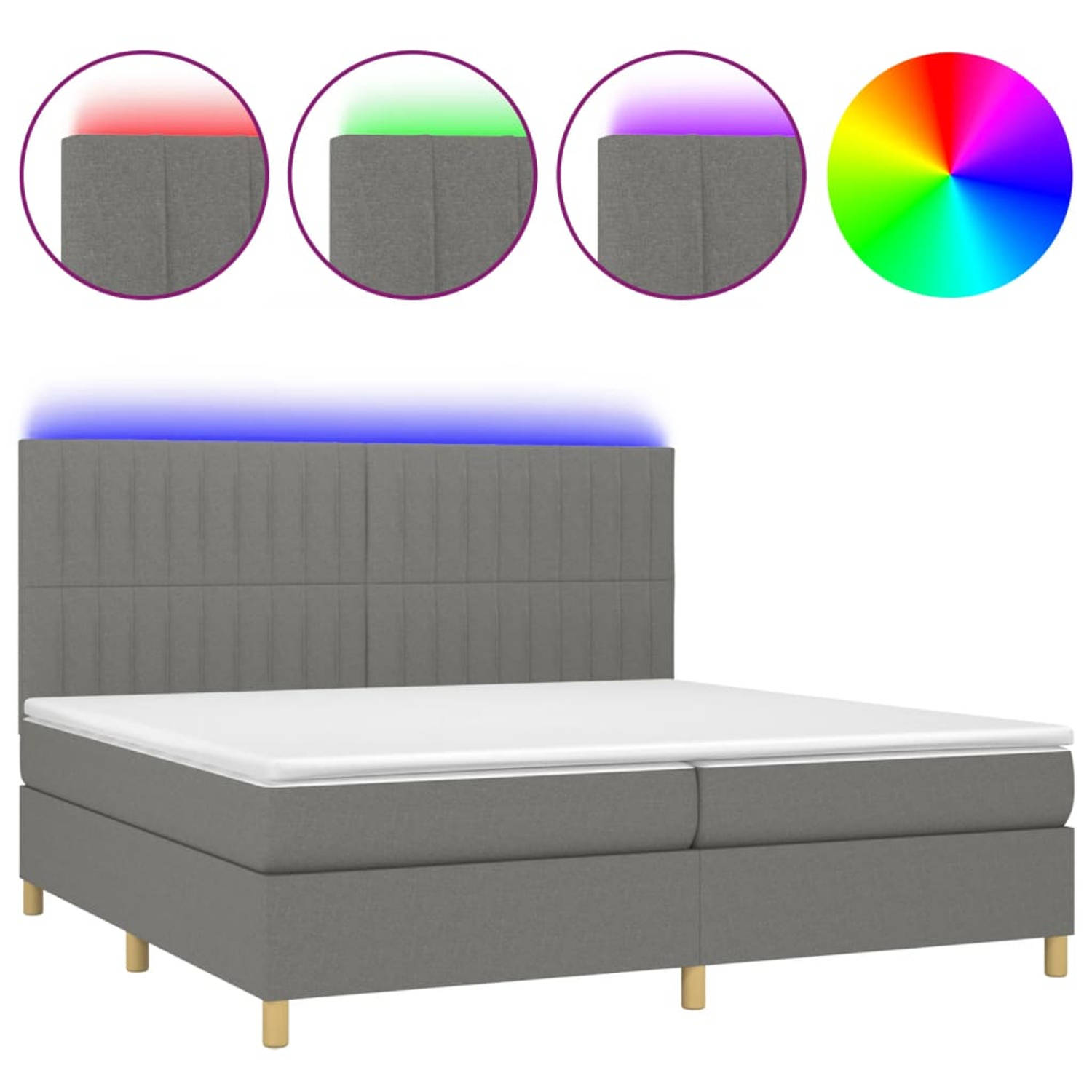 The Living Store Boxspring Bed - LED - Donkergrijs - 203x200x118/128cm - Verstelbaar hoofdbord - Pocketvering matras - Huidvriendelijk topmatras
