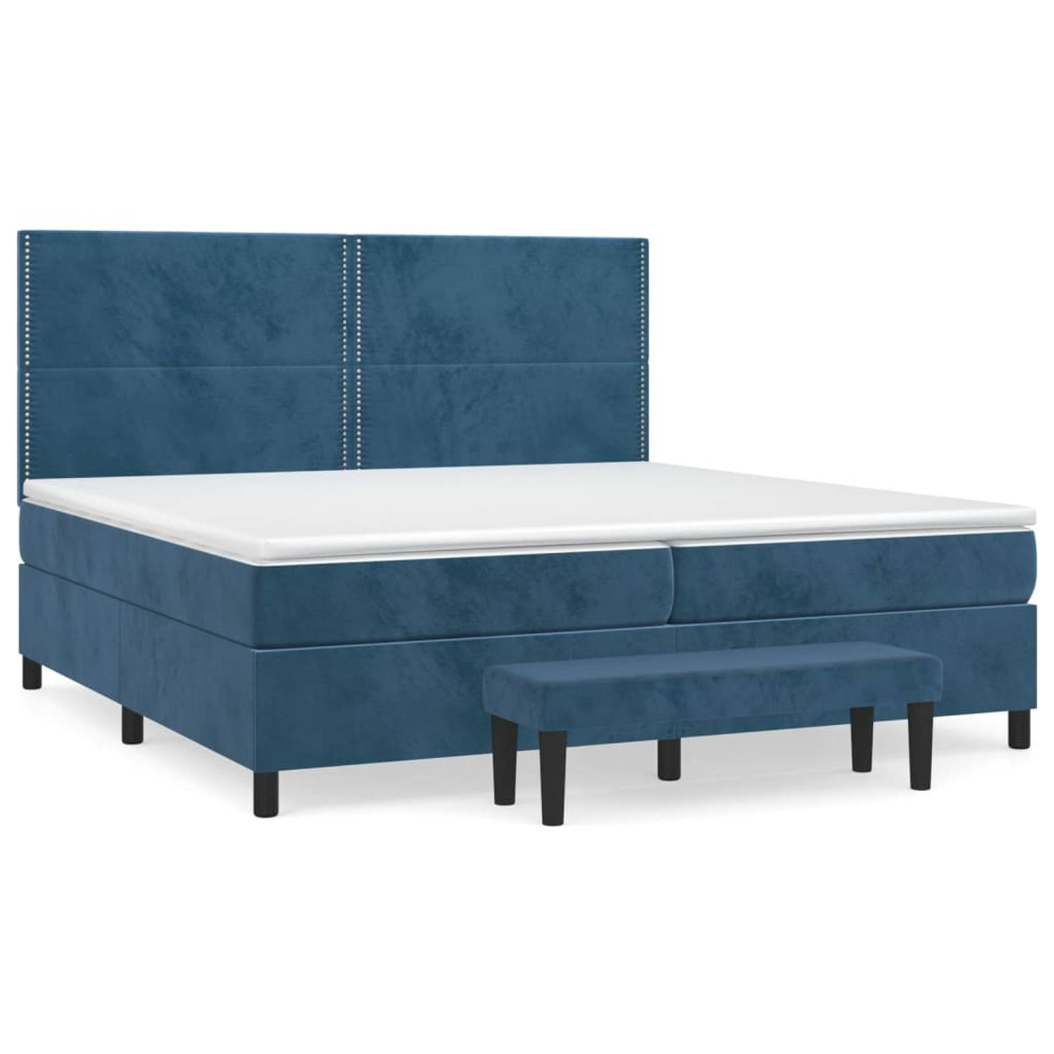 The Living Store Boxspringbed - Fluweel - Pocketvering - Middelharde ondersteuning - Huidvriendelijk - Donkerblauw - 203 x 200 x 118/128 cm - Inclusief 2 matrassen en topmatras - I