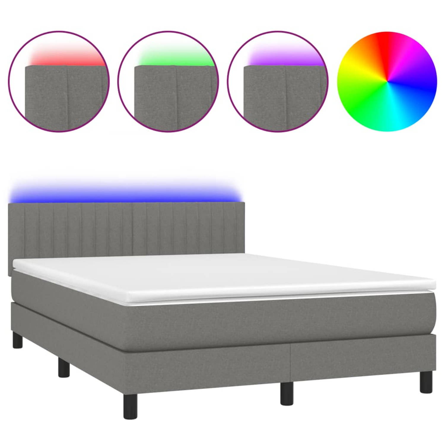 The Living Store Boxspring bed - donkergrijs - 140 x 200 cm - LED - Pocketvering matras - Huidvriendelijk topmatras - incl - montagehandleiding