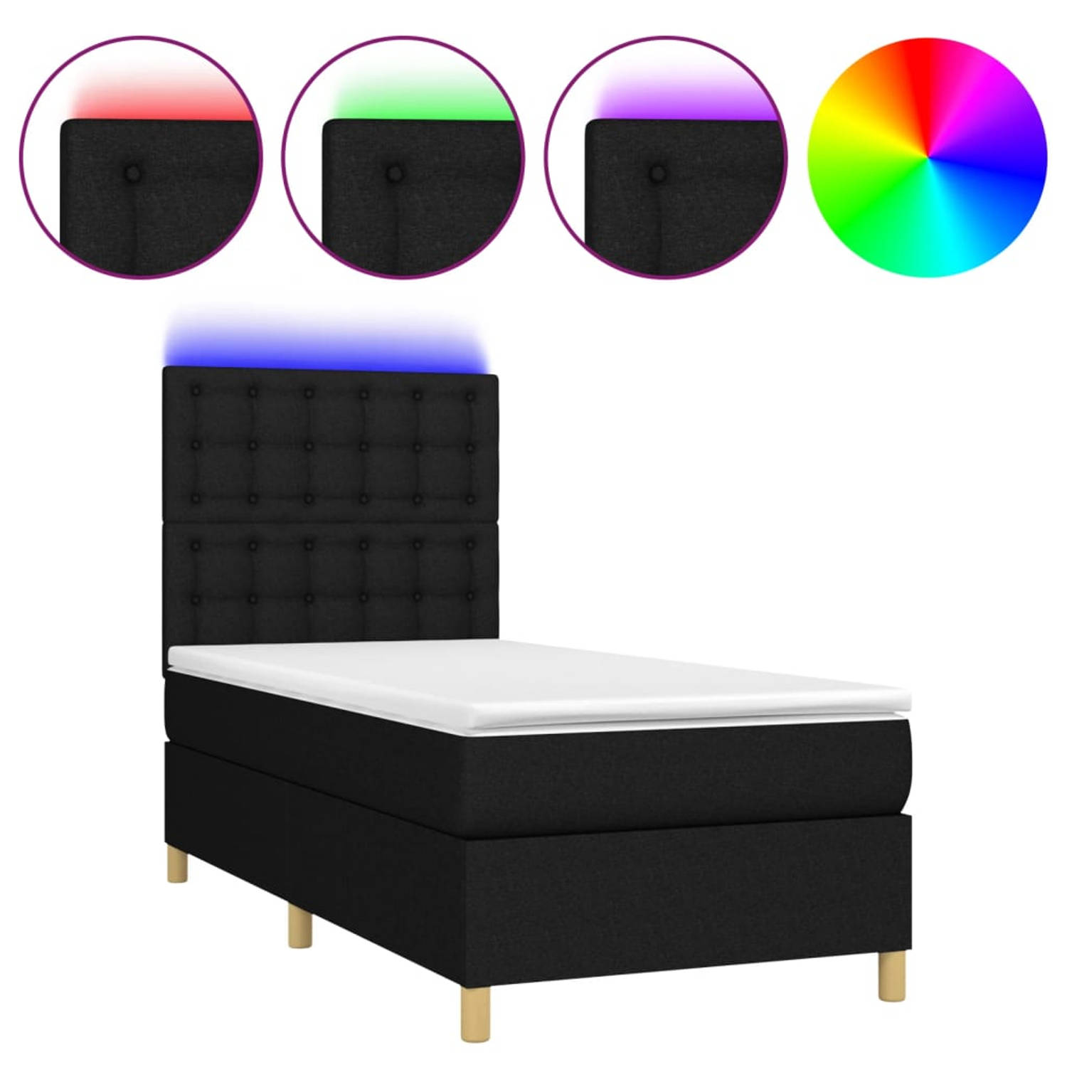 The Living Store Boxspring - LED - Zwarte stoffen bed met verstelbaar hoofdbord - 203x100x118/128 cm - Pocketvering matras - Huidvriendelijke topmatras - Kleurrijke LED-verlichting