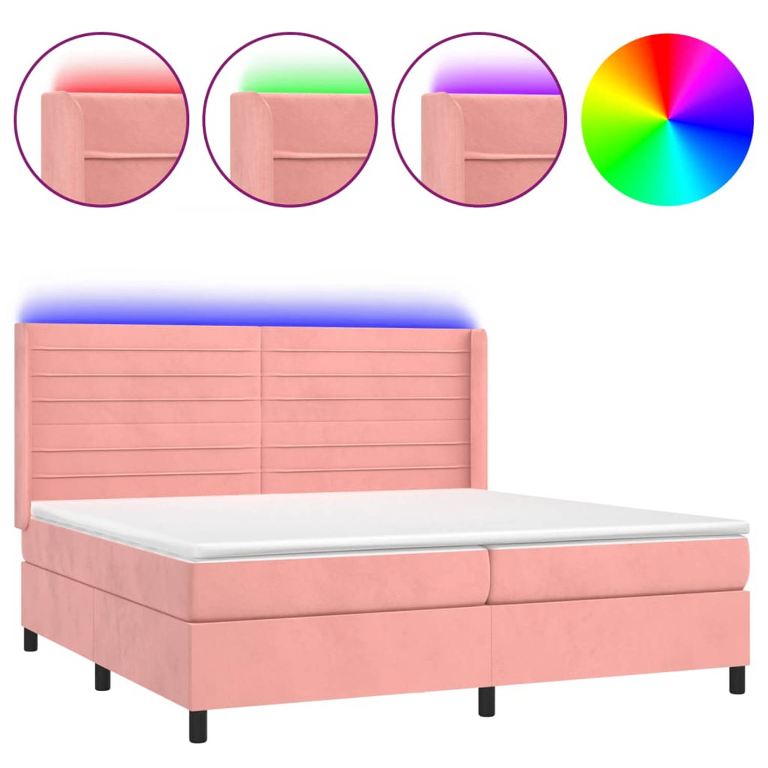 The Living Store Bed - Roze Fluweel - Boxspring 203x203cm - Verstelbaar hoofdbord - LED-verlichting - Pocketvering matras - Huidvriendelijk topmatras - Met montagehandleiding