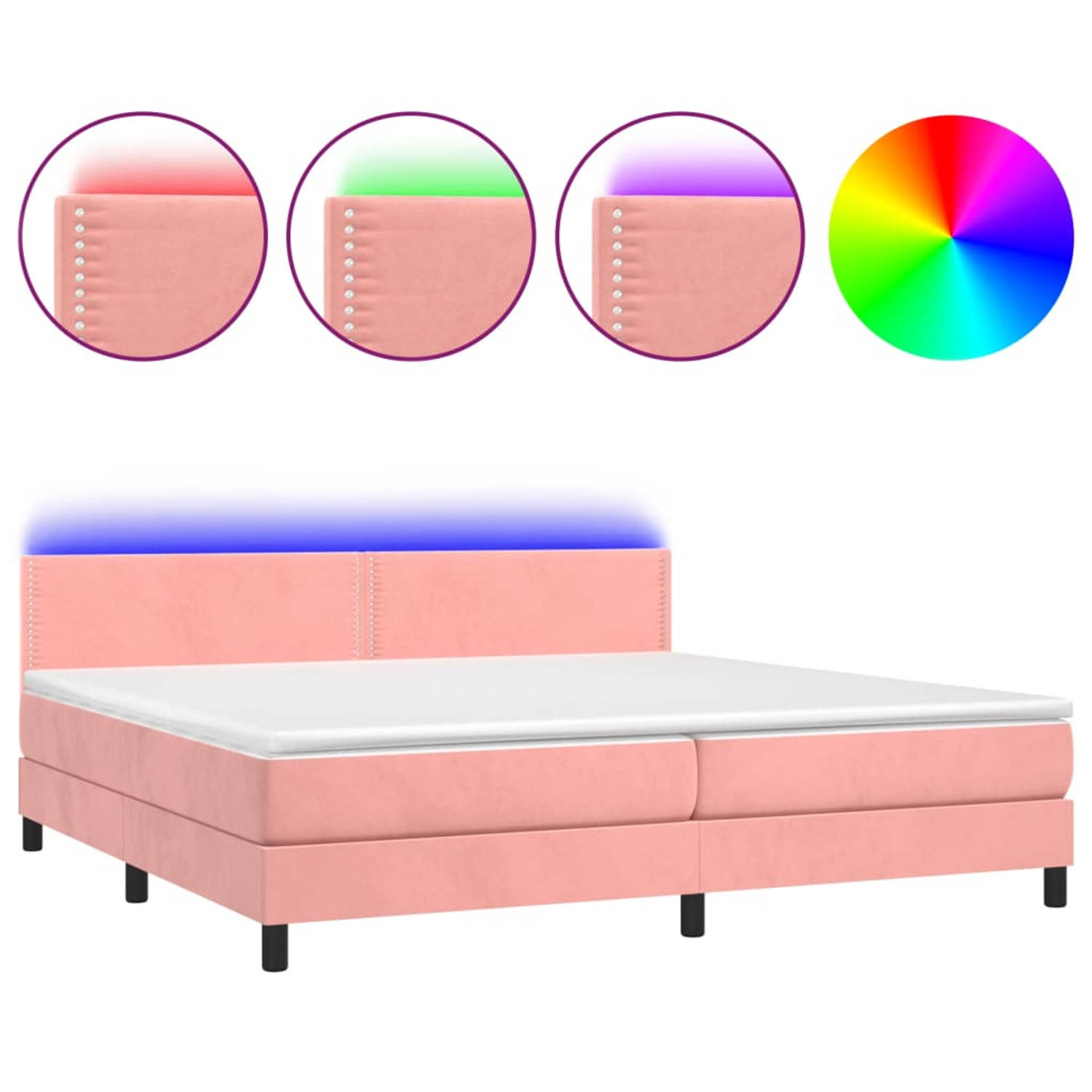 The Living Store Bed Boxspring - 203 x 200 x 78/88 cm - Roze Fluweel - Pocketvering Matras - Huidvriendelijk Topmatras - Kleurrijke LED-verlichting - USB aansluiting