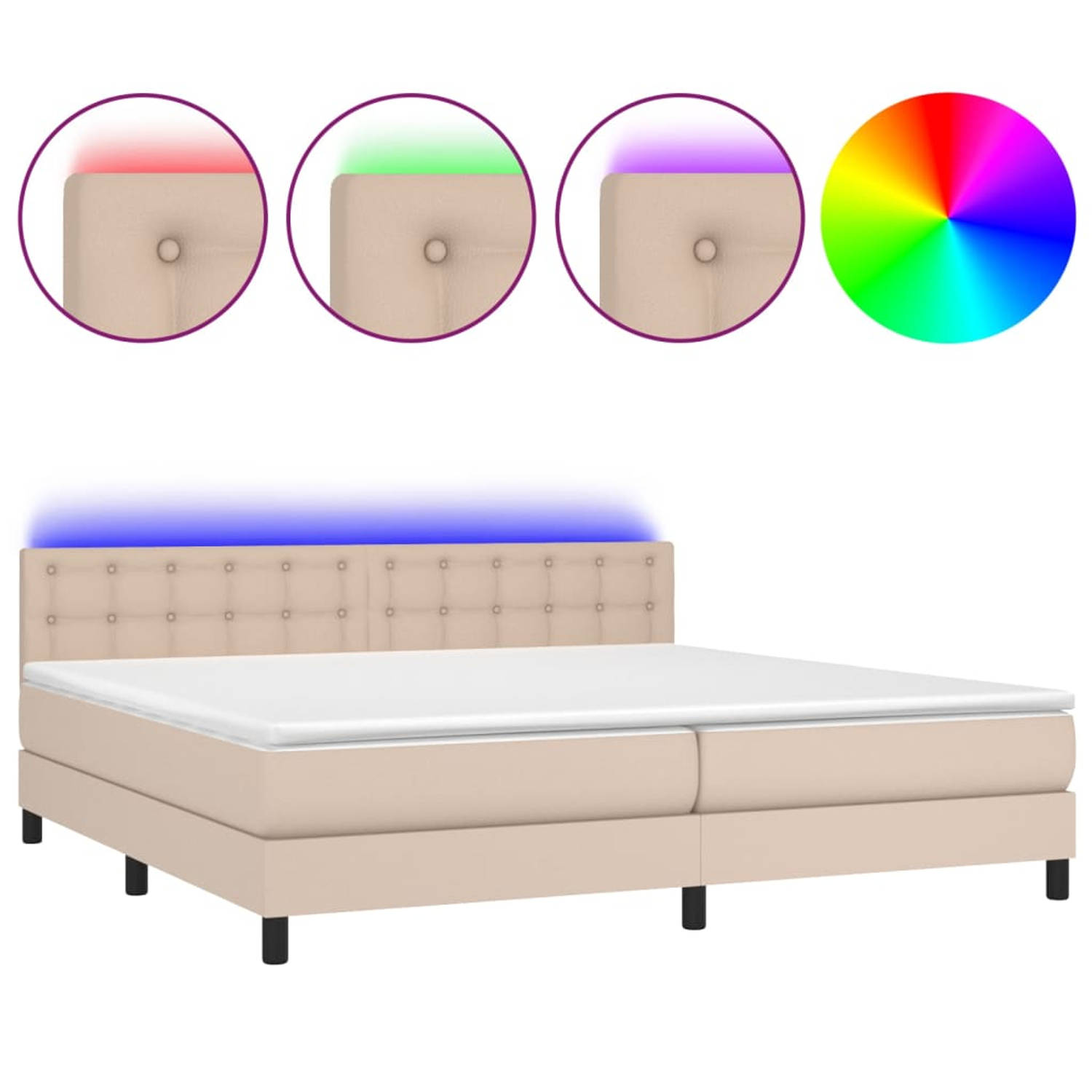 The Living Store Boxspring met matras en LED kunstleer cappuccinokleur 200x200cm - Bed