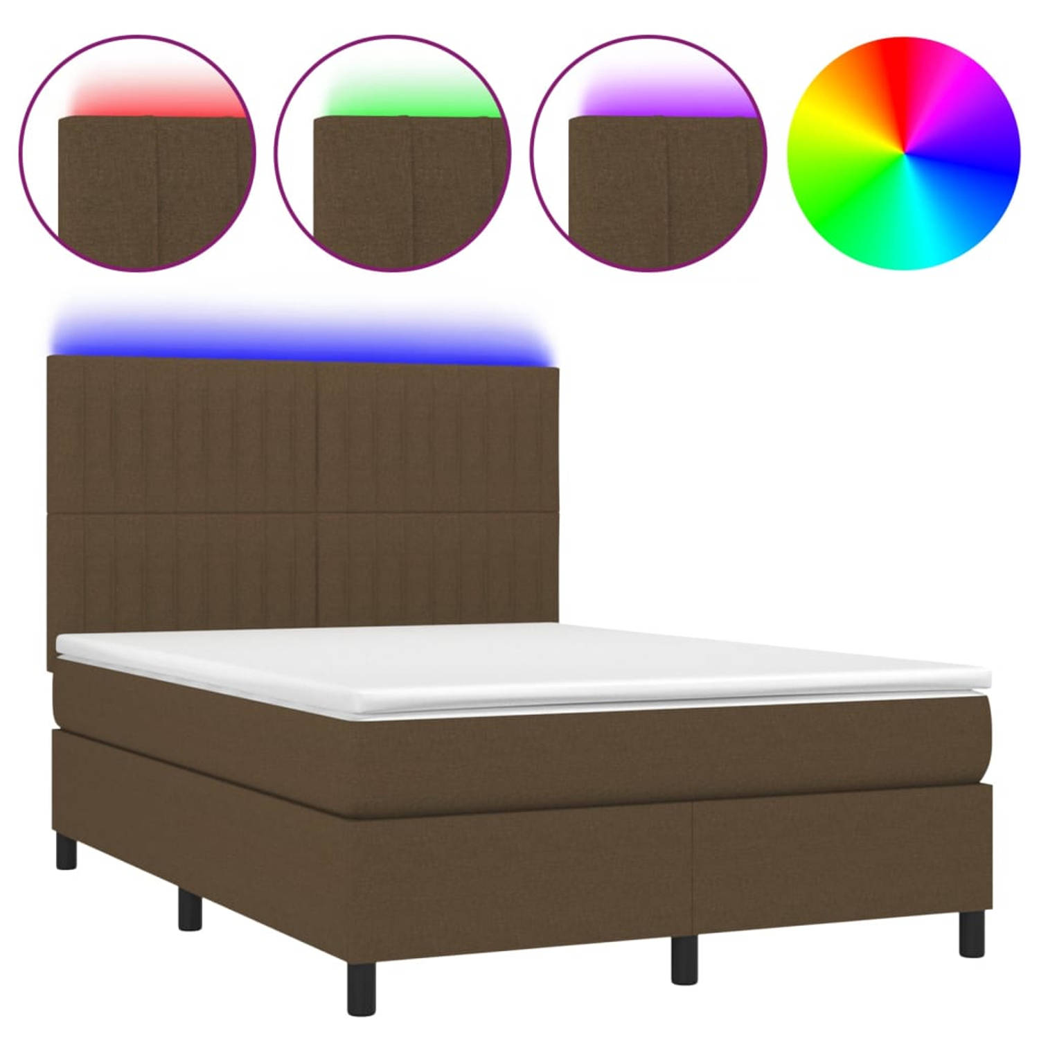 The Living Store Boxspring Bed - Donkerbruin - 203x144x118 cm - Verstelbaar hoofdbord - Kleurrijke LED-verlichting - Pocketvering matras - Huidvriendelijk topmatras - Inclusief mon