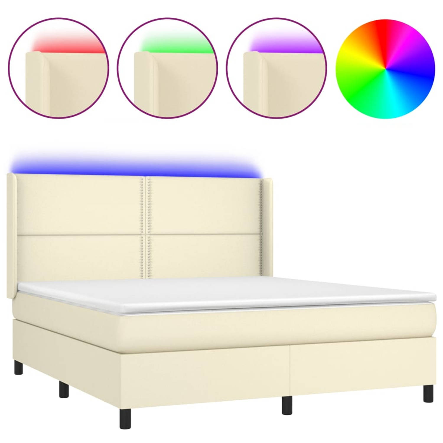 The Living Store Boxspring Bed - Crème Kunstleer - 203 x 163 x 118/128 cm - LED Verlichting - Pocketvering Matras - Huidvriendelijk Topmatras