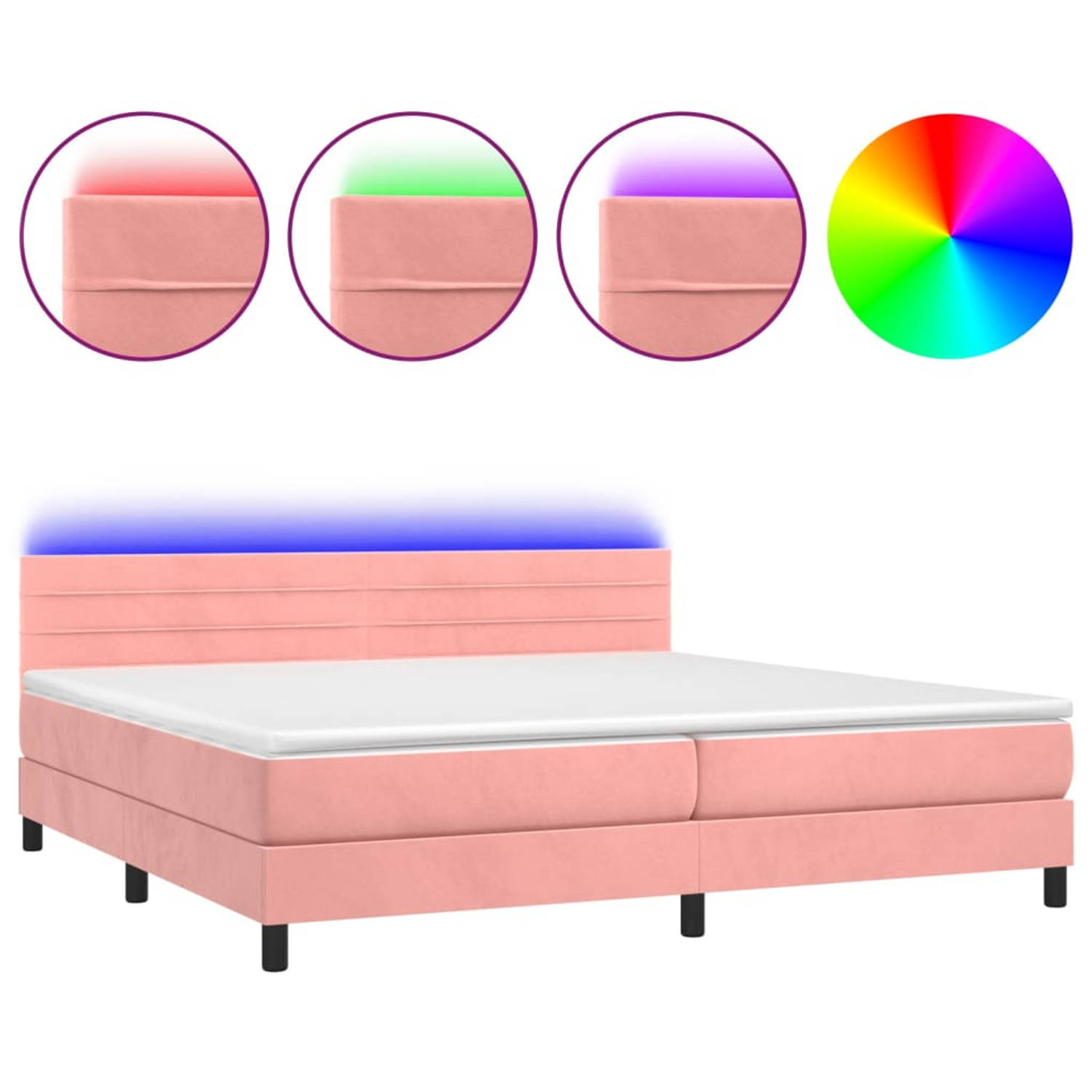 The Living Store Boxspring Bed - Fluweel - LED - Pocketvering - Topmatras - Roze - 203 x 200 x 78/88 cm