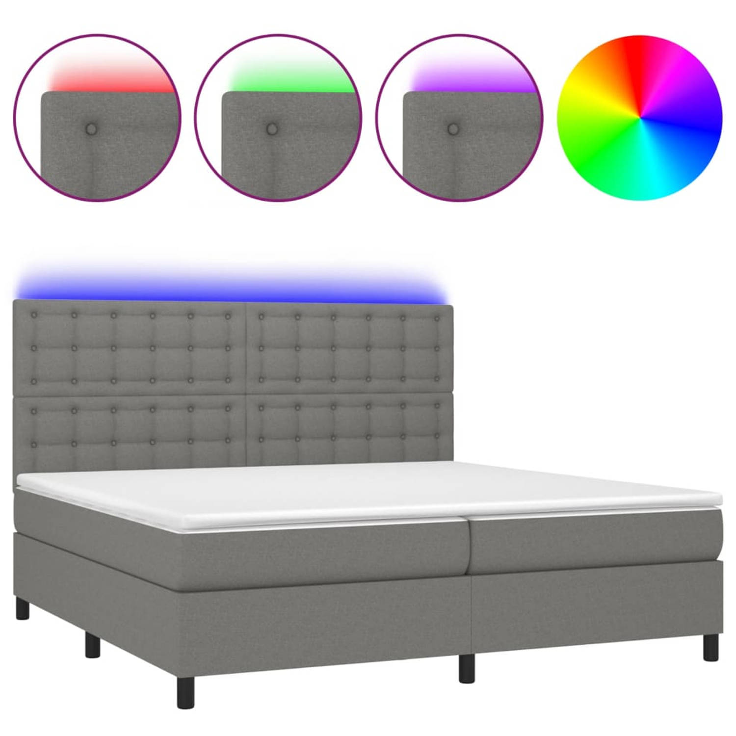 The Living Store Boxspring met matras en LED stof donkergrijs 200x200 cm - Bed