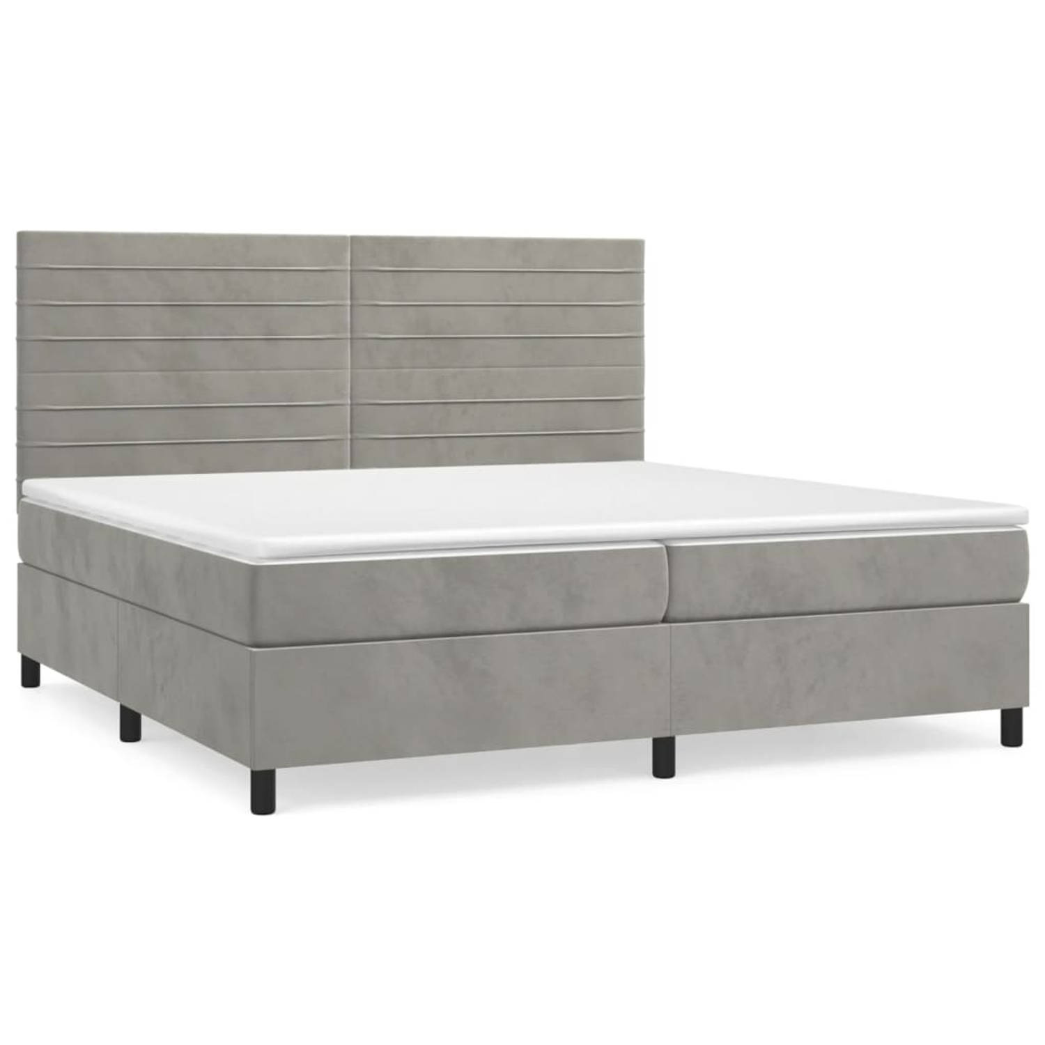 The Living Store Boxspringbed - fluweel - pocketvering - middelharde ondersteuning - lichtgrijs - 203 x 200 x 118/128 cm