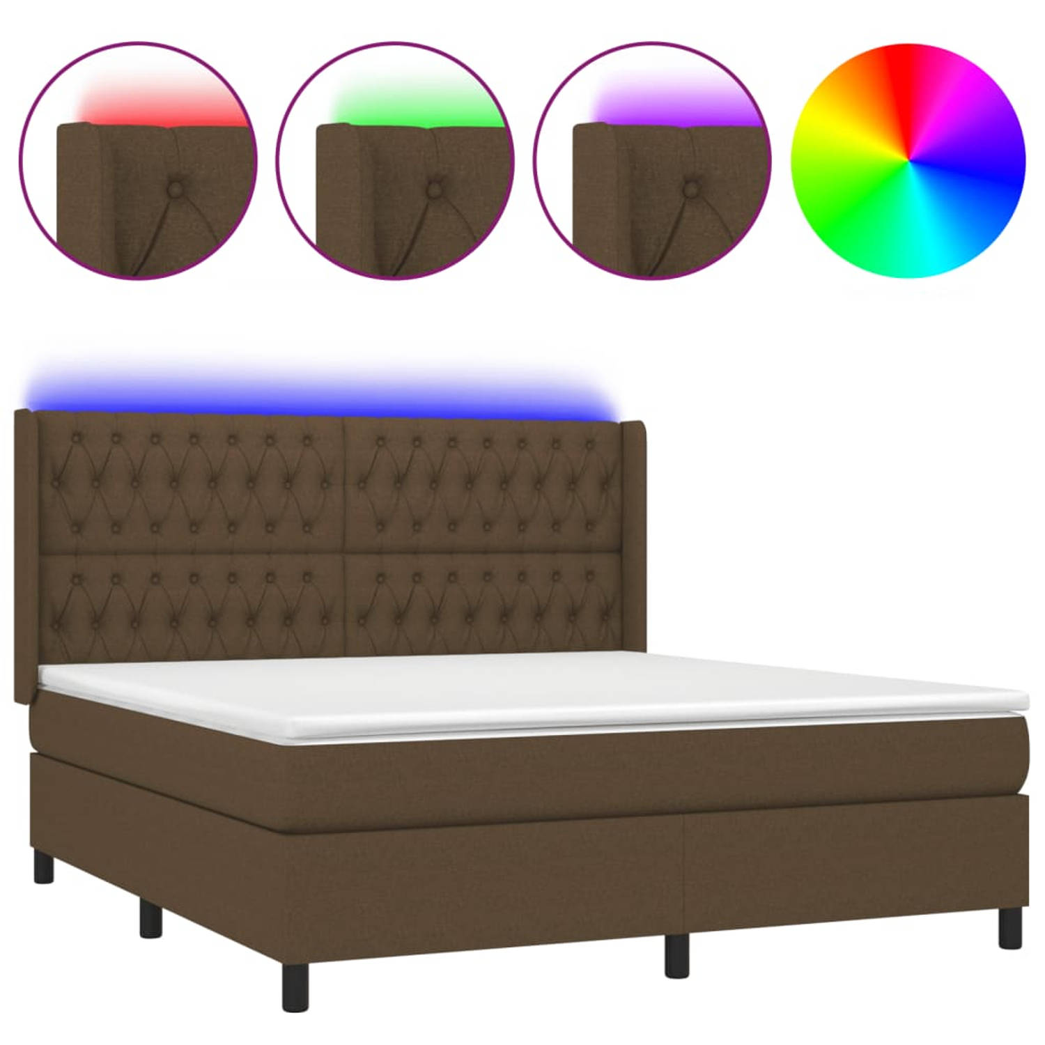 The Living Store Boxspring naam - Bed met LED-verlichting en Pocketvering Matras - 160 x 200 cm - Kleur- Donkerbruin