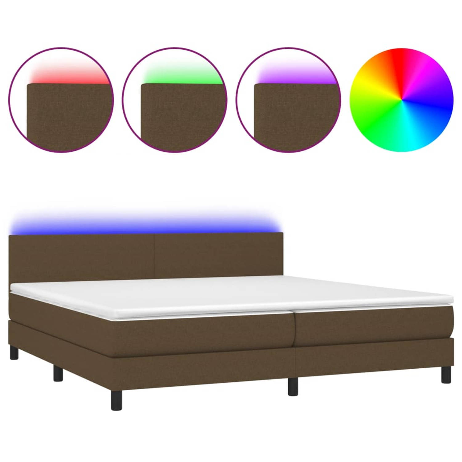 The Living Store Boxspring Bed met LED - Donkerbruin - 203 x 200 cm - Hoogte verstelbaar hoofdbord - Pocketvering matras - Huidvriendelijk topmatras - Kleurrijke LED-verlichting -