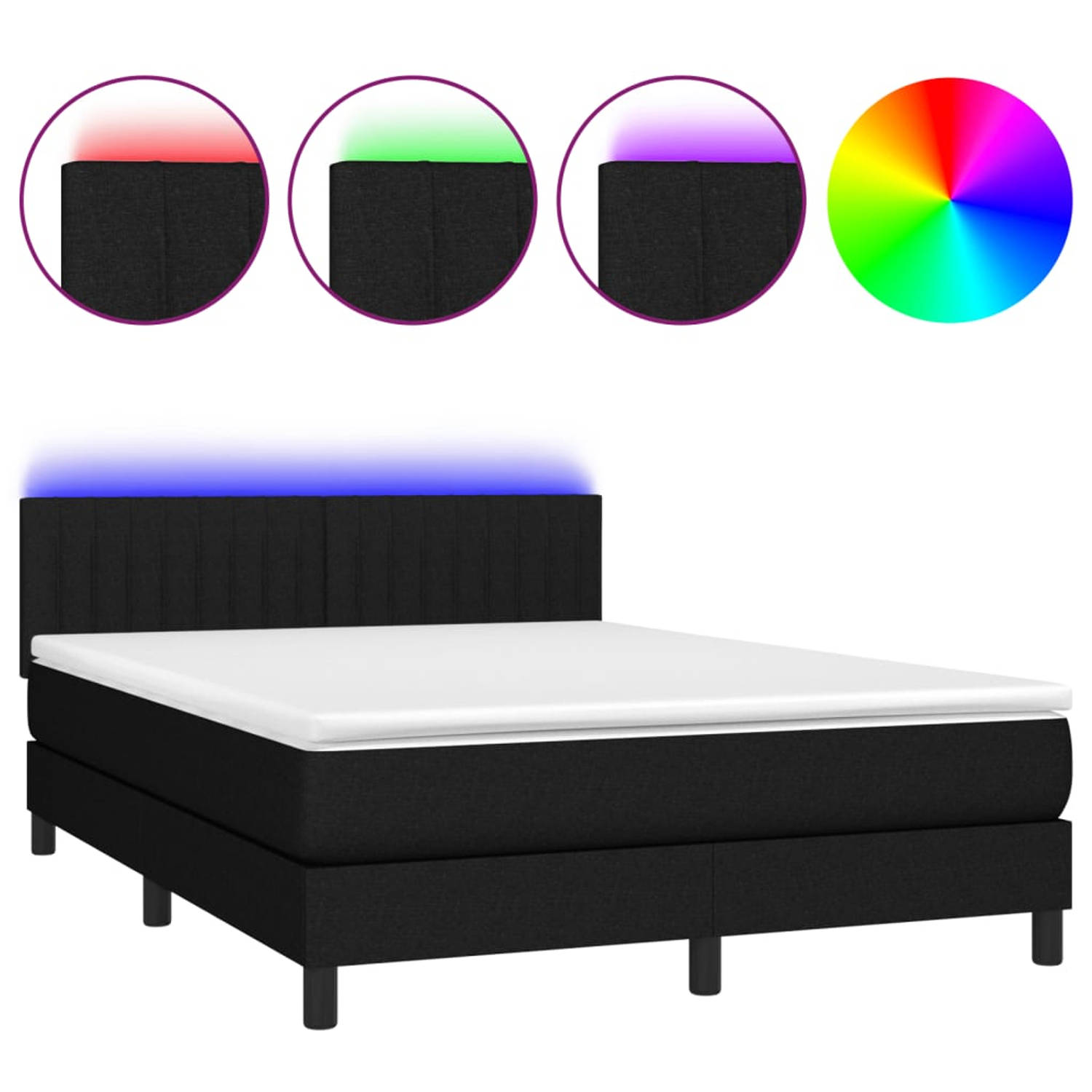 The Living Store Boxspring - Bedframe met verstelbaar hoofdbord - 203x144x78/88cm - LED-verlichting - Pocketvering matras - Huidvriendelijk topmatras - Kleur- zwart/wit
