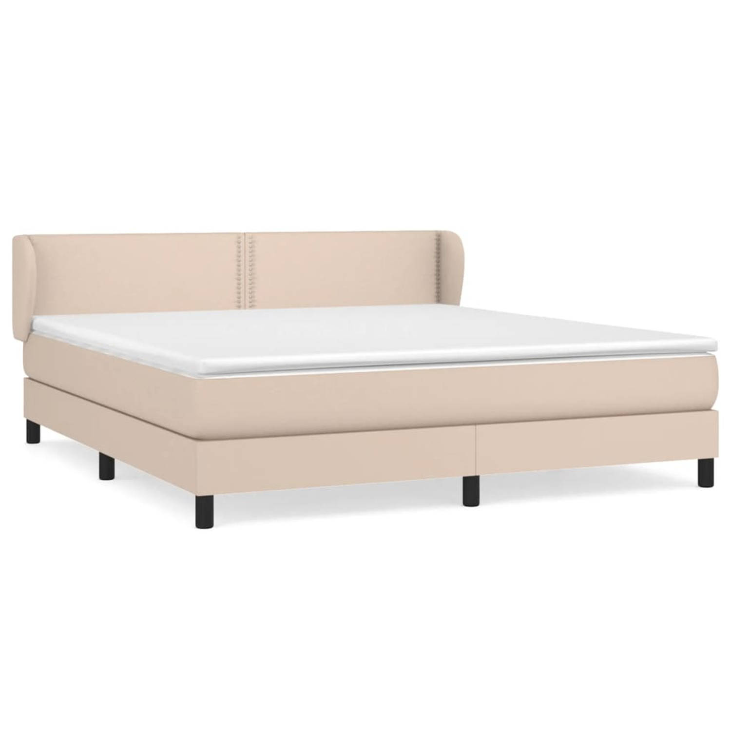 The Living Store Boxspringbed - Kunstleer - Pocketvering - Middelhard - 160x200 cm - Cappuccino/ wit