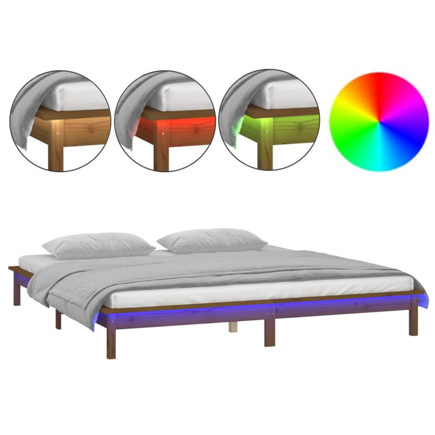 The Living Store Bedframe Grenenhout Honingbruin - 212x151.5x26 cm - RGB LED-verlichting