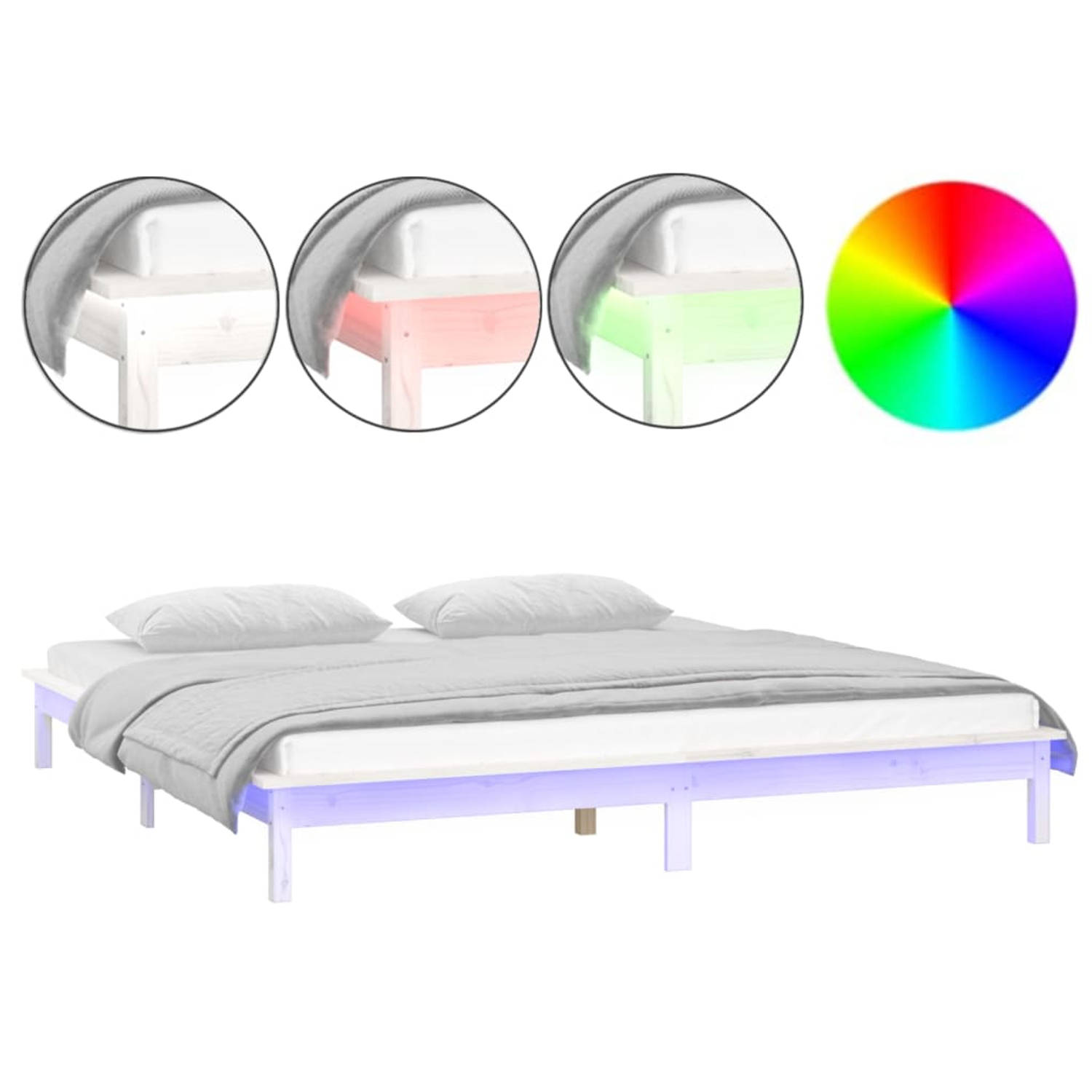 The Living Store Houten Bedframe LED-verlichting - 212x161.5x26 cm - Massief grenenhout