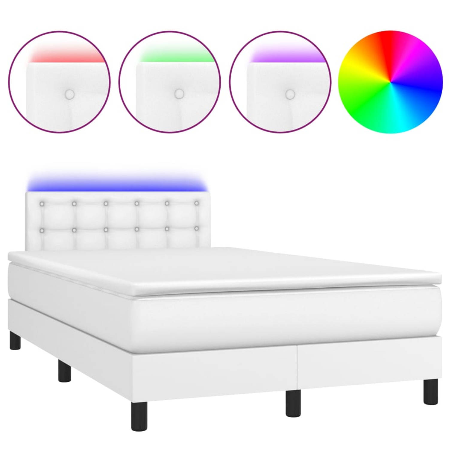 The Living Store Boxspring Bed - Wit - 203x120x78/88 cm - Kunstleer - Met LED strip - Pocketvering matras - Huidvriendelijk topmatras