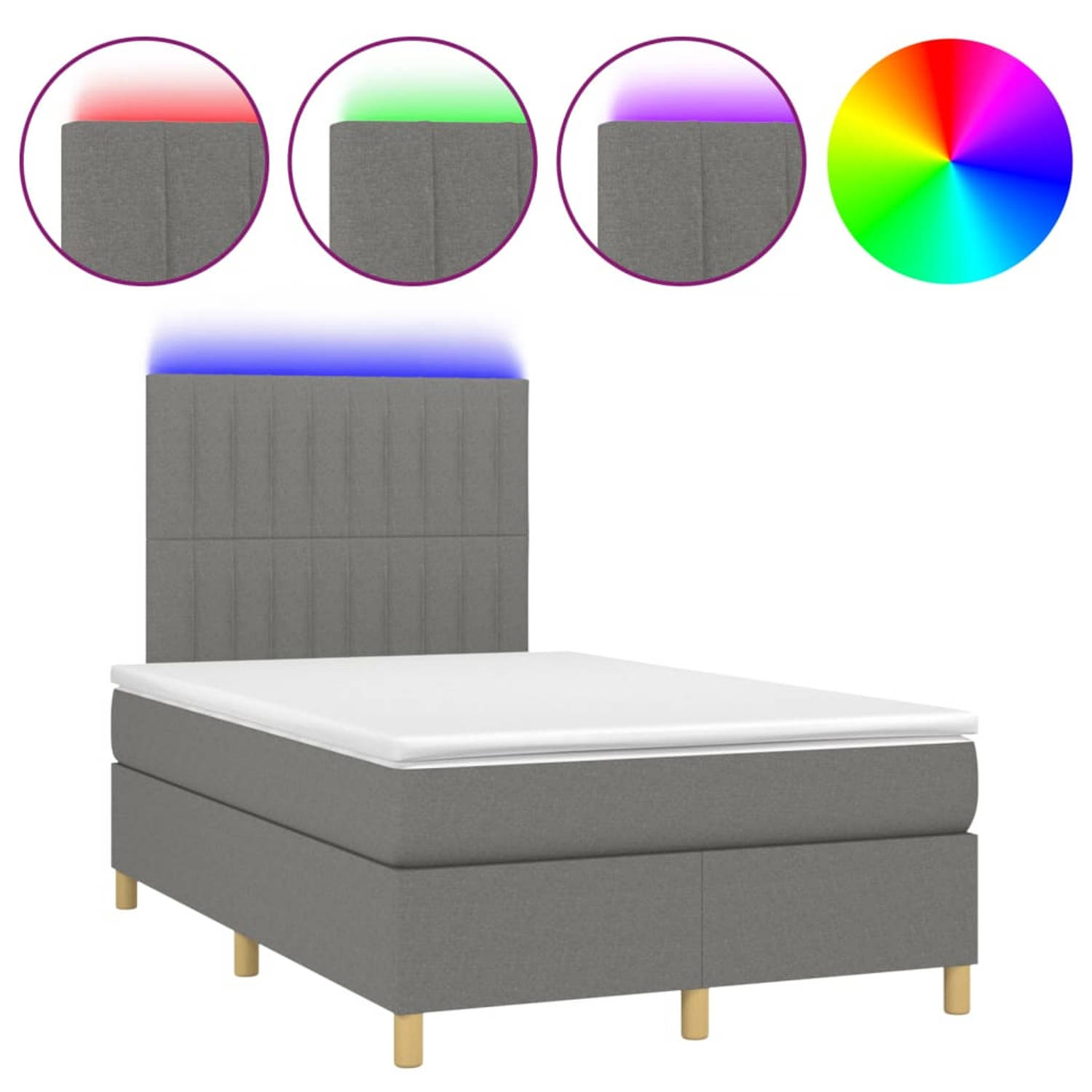 The Living Store Bed Boxspring LED 203x120cm - Donkergrijs - Pocketvering Matras - Huidvriendelijk Topmatras - Verstelbaar Hoofdbord - Kleurrijke LED