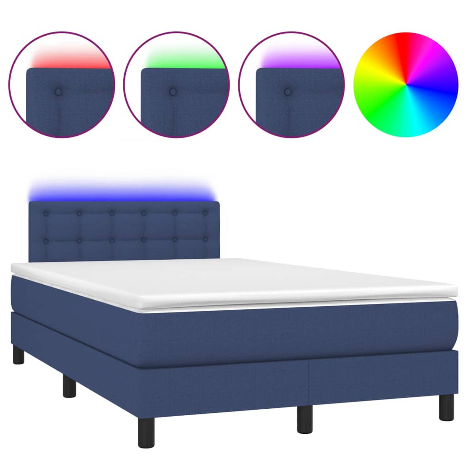 The Living Store Boxspring 120x200 cm - Met LED verlichting - Blauw stoffen bed met verstelbaar hoofdbord - Duurzaam materiaal - Pocketvering matras - Huidvriendelijk topmatras