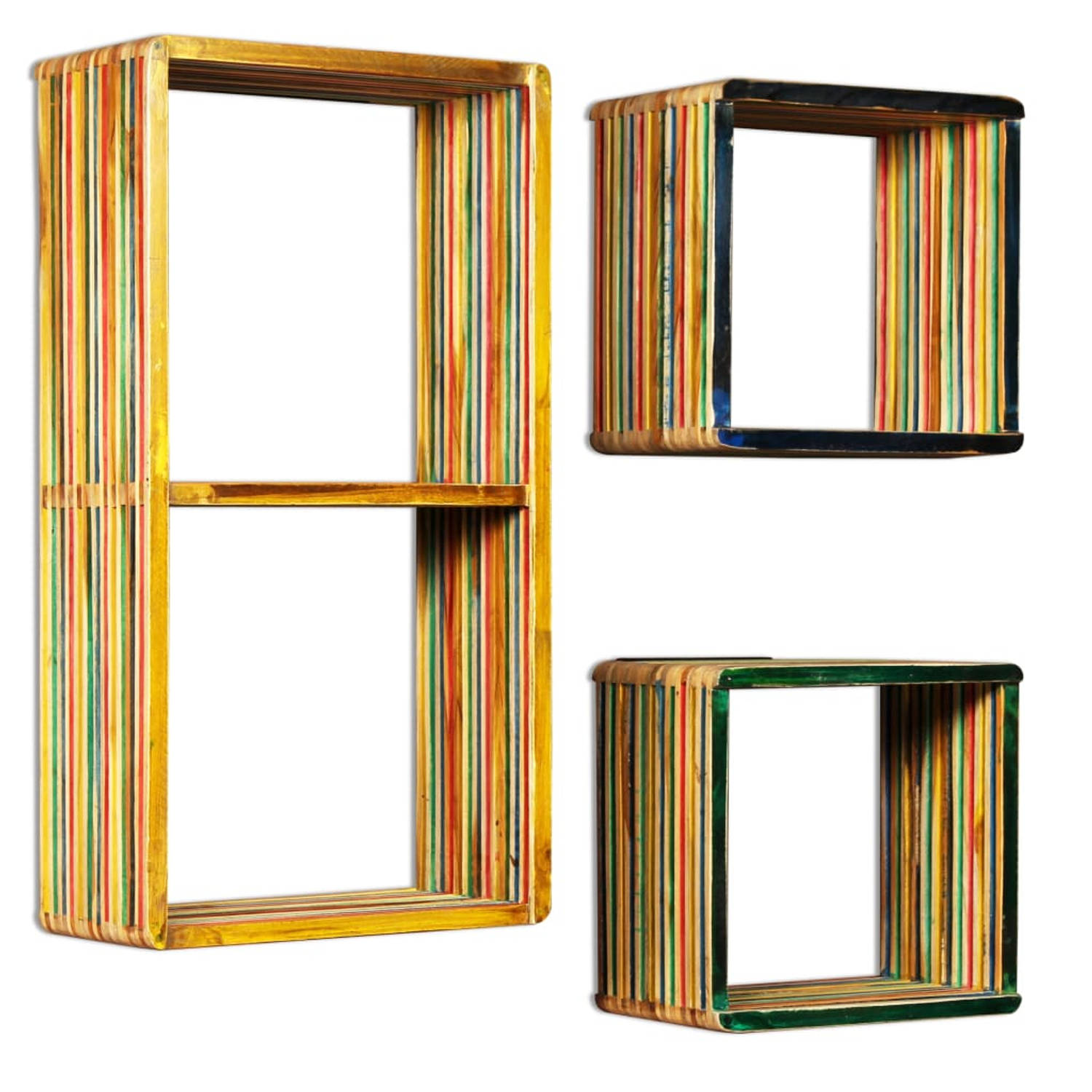 The Living Store Wandplankenset - Gerecycled teakhout - Meerkleurig - 81 x 22 x 41 cm en 31 x 22 x 31 cm - Inclusief 3 schappen en 3 montagebeugels