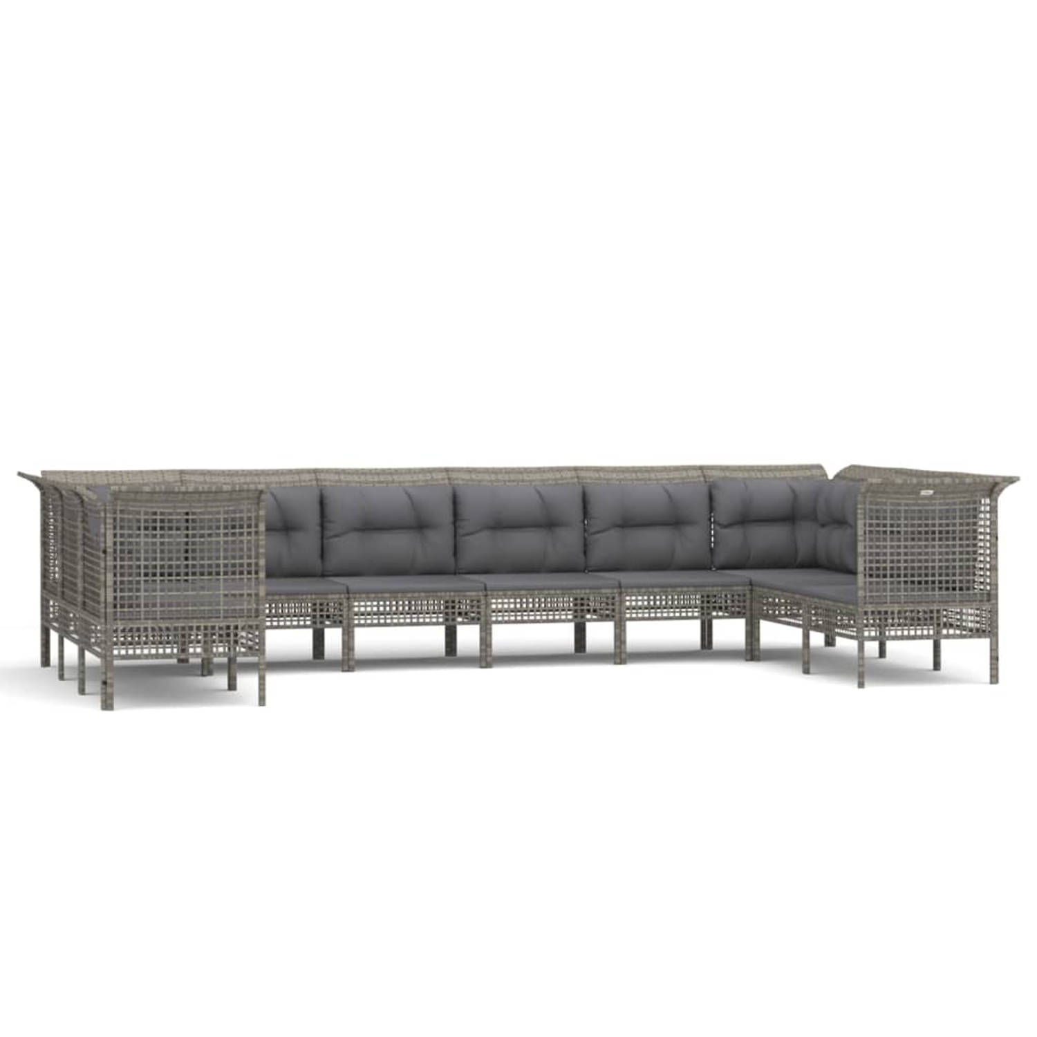 The Living Store 10-delige Loungeset met kussens poly rattan grijs - Tuinset