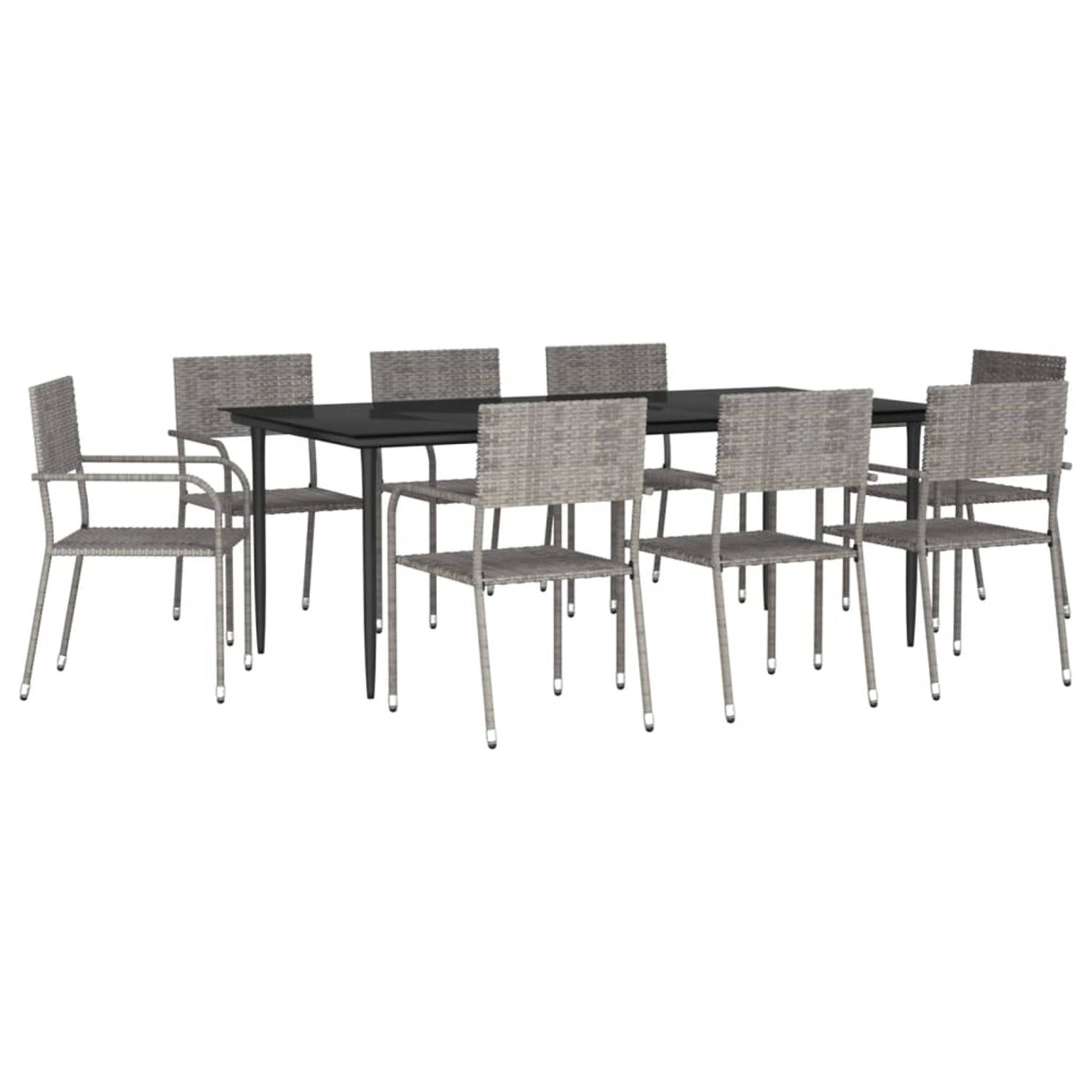 The Living Store Tuinset - 8 stoelen - Tafel - Grijs - PE-rattan en staal - 200 x 100 x 74 cm