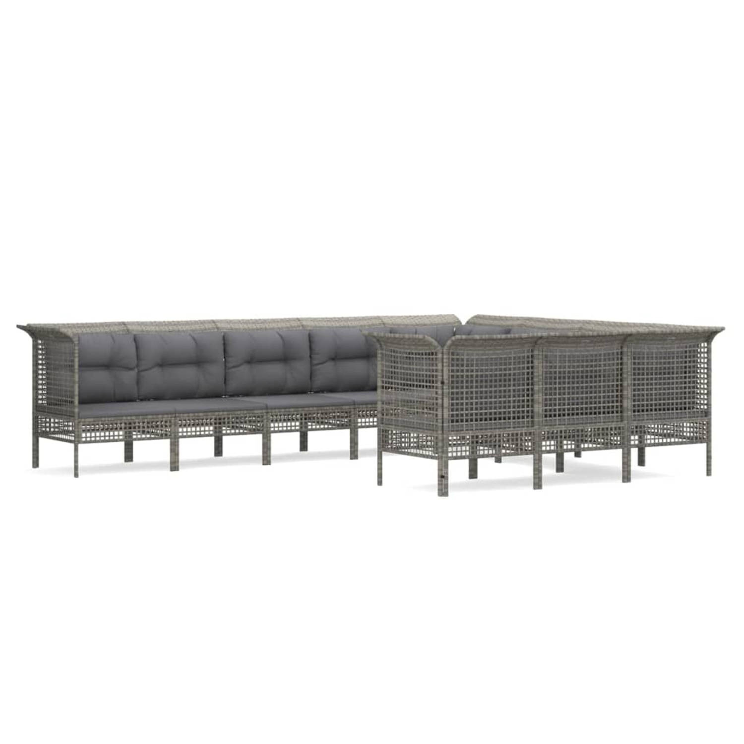 The Living Store Loungeset Poly Rattan - Modulair - Grijs - 6 middenbanken - 4 hoekbanken - Inclusief kussens