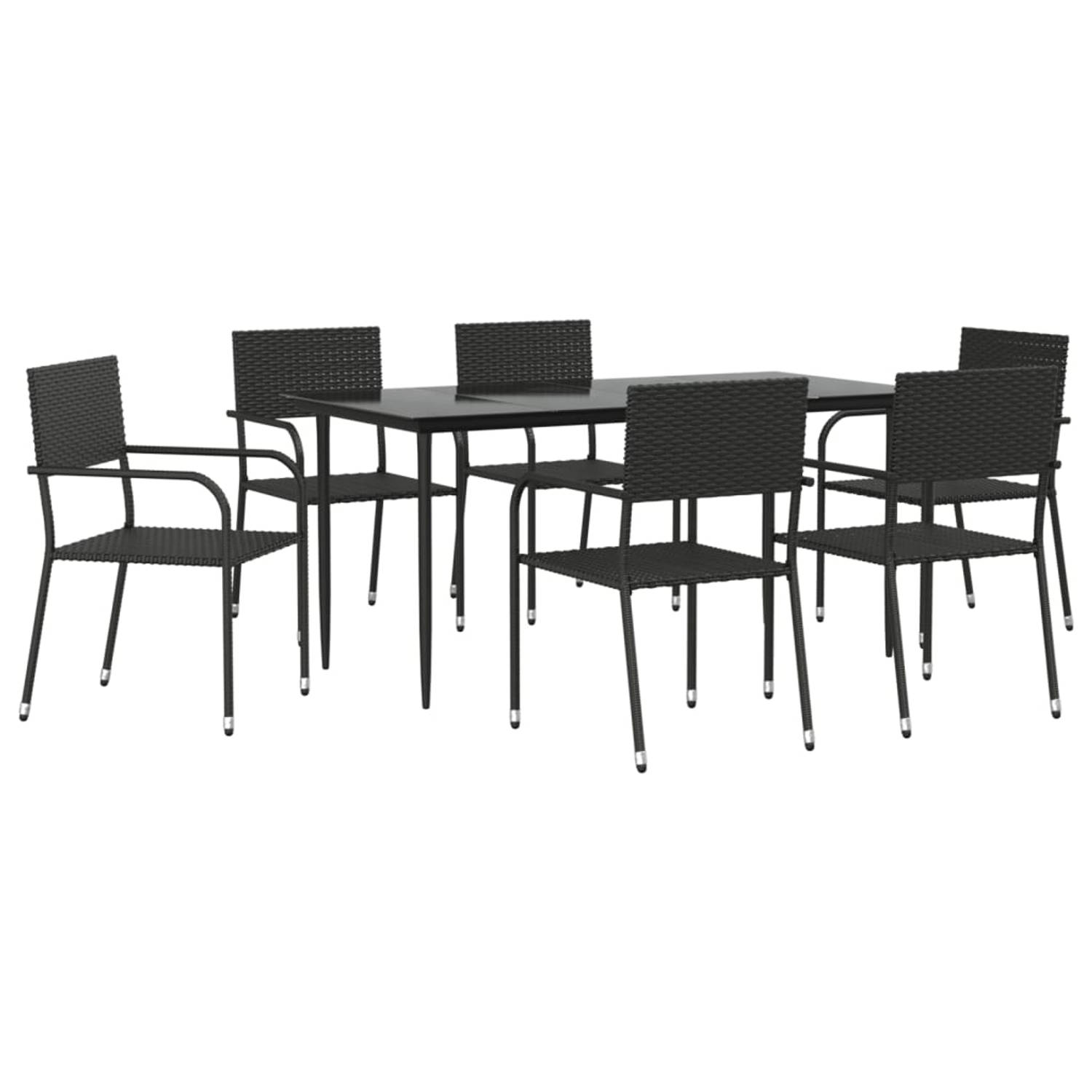 The Living Store Tuinset - zwart - PE-rattan - staal - 6 stoelen - 1 tafel