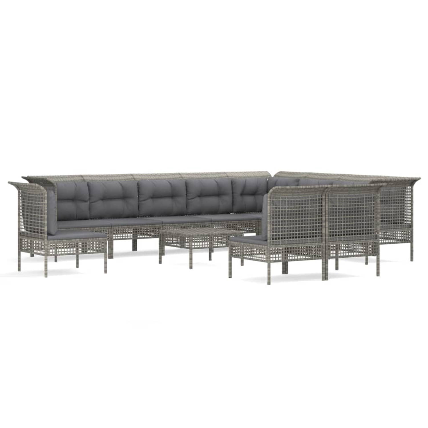 The Living Store Loungeset Poly Rattan - Grijs - Modulair design - Weerbestendig - Comfortabel - Staalframe - Complete set