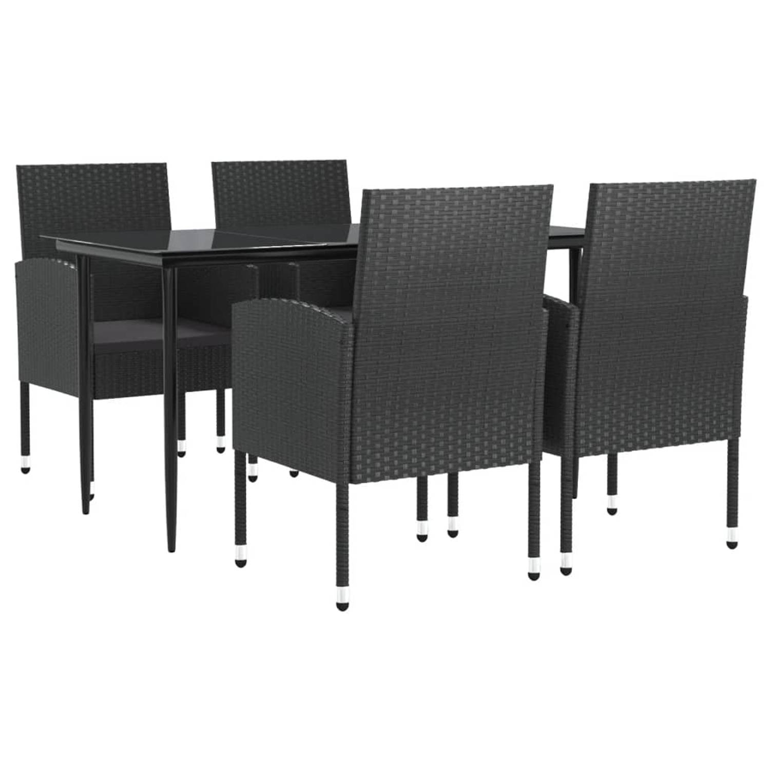 The Living Store Tuinset - Poly rattan - Zwart - 140x70x74 cm - Inclusief 4 stoelen met kussens
