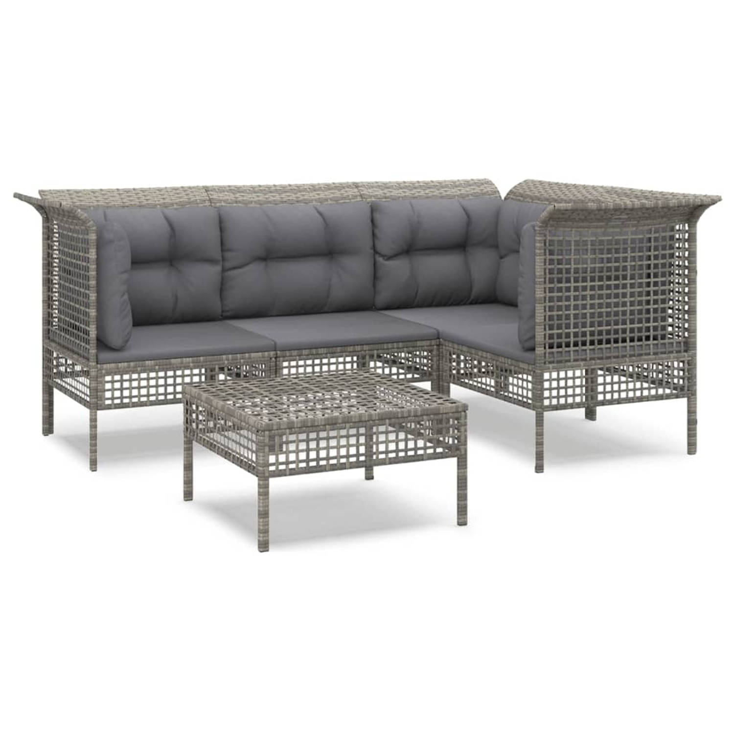 The Living Store 5-delige Loungeset met kussens poly rattan grijs - Tuinset