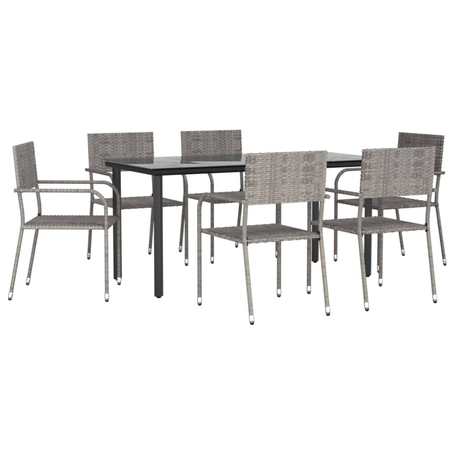 The Living Store Tuinset - Poly Rattan - Eettafel met Gehard Glas - Stoelen in Grijs - Afmetingen- 160x80x74cm