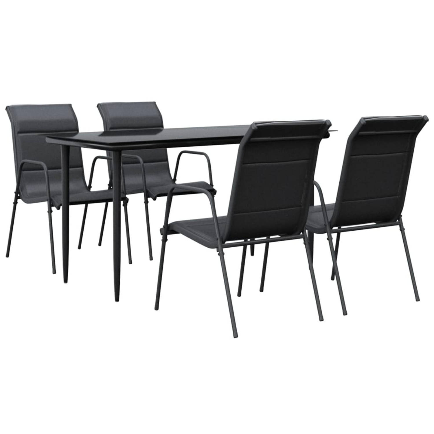 The Living Store Tuinset - Zwarte tafel 140x70x74 cm en 4 zwarte/antraciet stoelen 51x66x88 cm