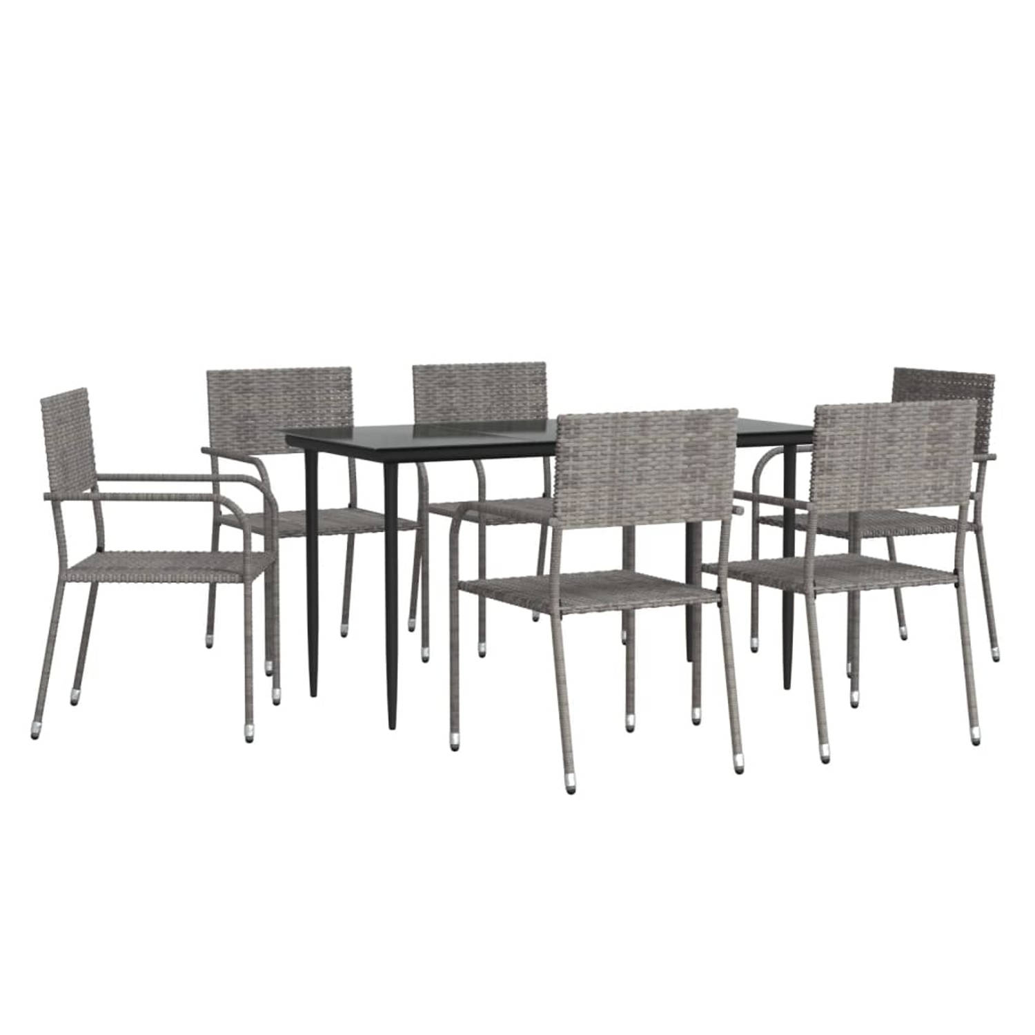 The Living Store Tuinset - PE-rattan en staal - Grijze stoel - Zwart tafelblad