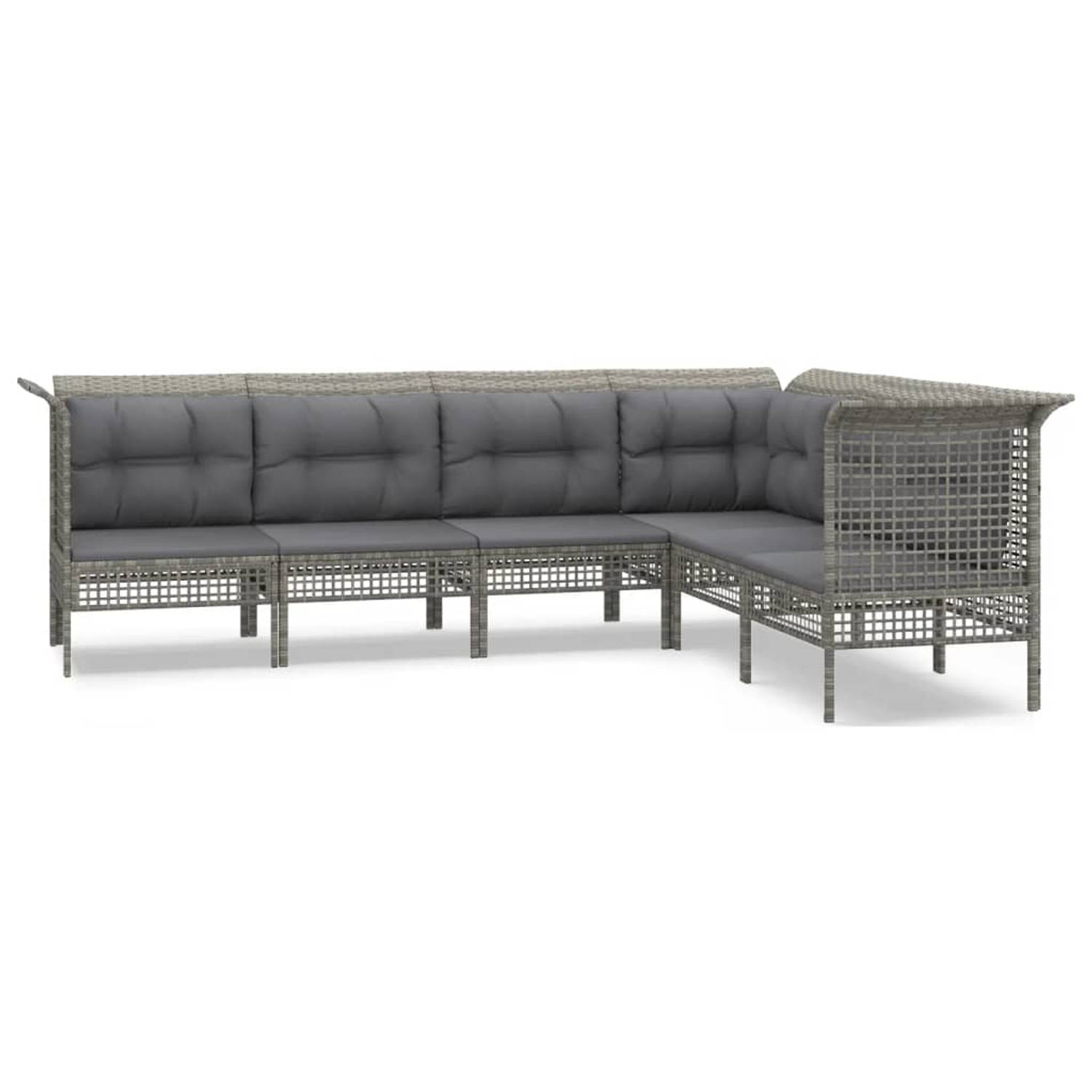 The Living Store 6-delige Loungeset met kussens poly rattan grijs - Tuinset