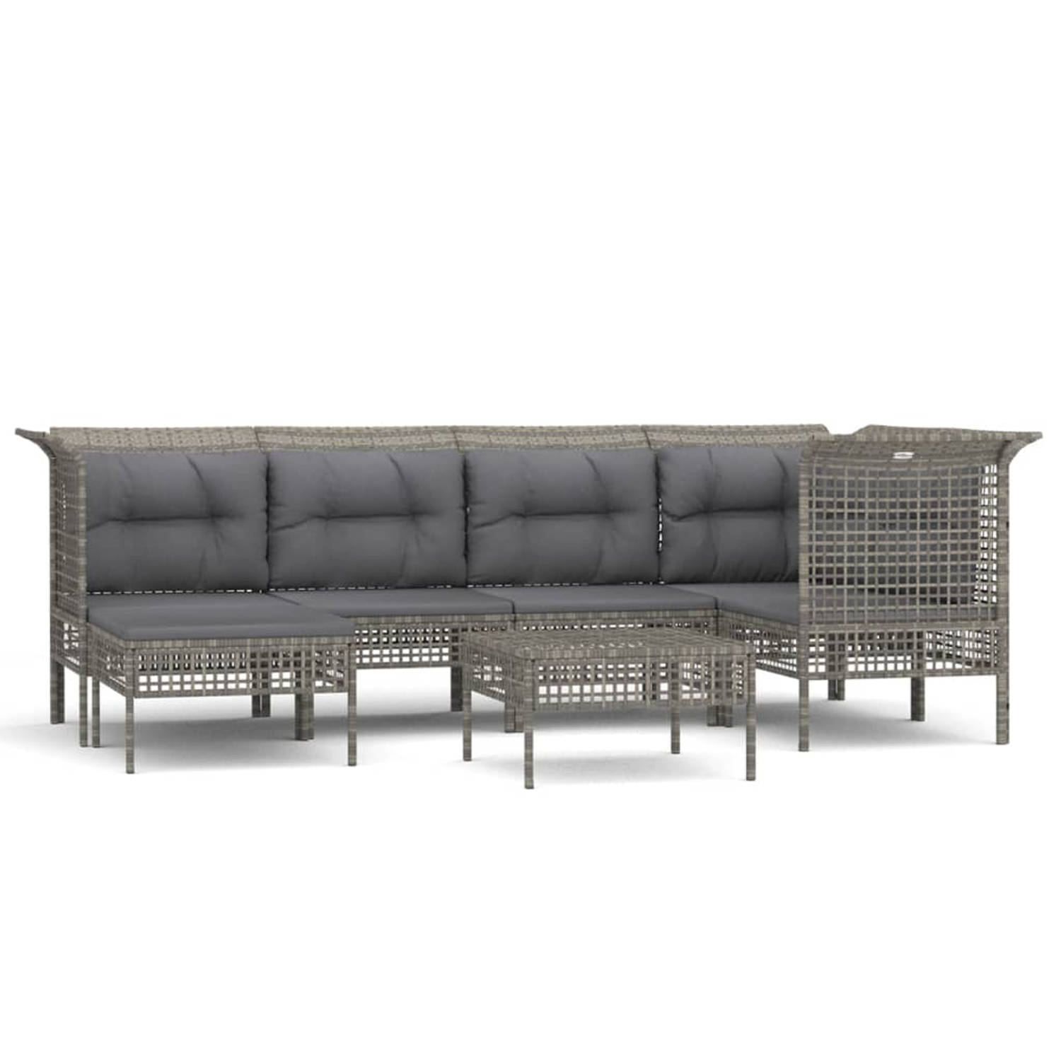 The Living Store Loungeset Poly Rattan - Grijs - Modulair - Weerbestendig - Stevig frame - Comfortabele kussens - Inclusief 2 middenbanken - 3 hoekbanken - 2 voetenbanken - 7 zitku