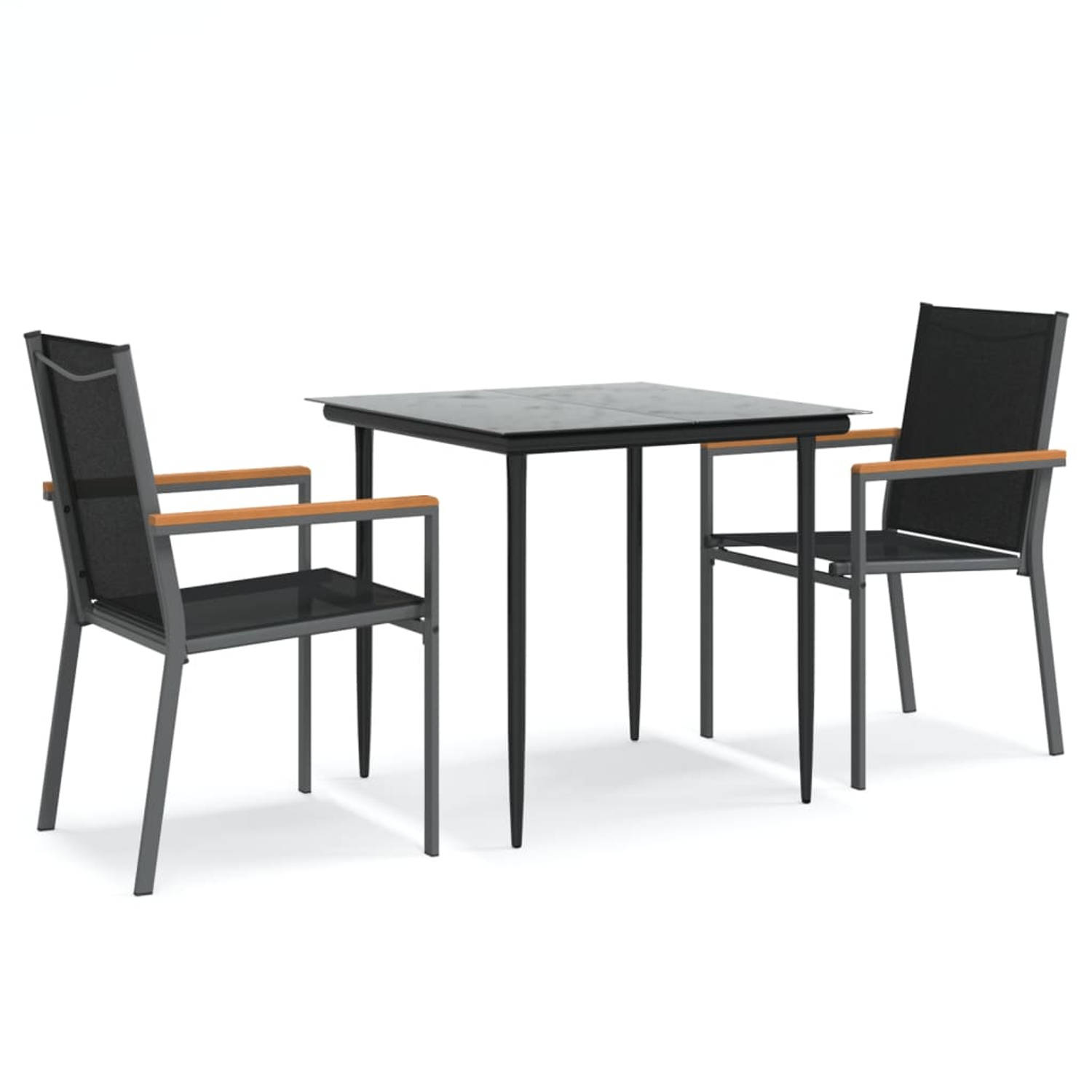 The Living Store Tuinset - Comfort - Eettafel met 2 stoelen - 80x80x74cm - Textileen/staal/glas