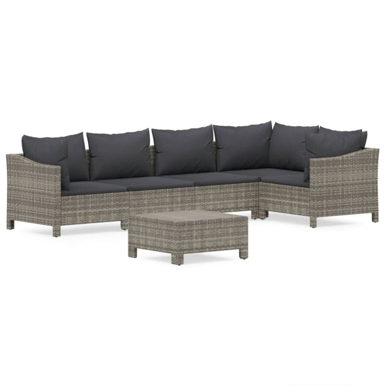 The Living Store 6-delige Loungeset met kussens poly rattan grijs - Tuinset