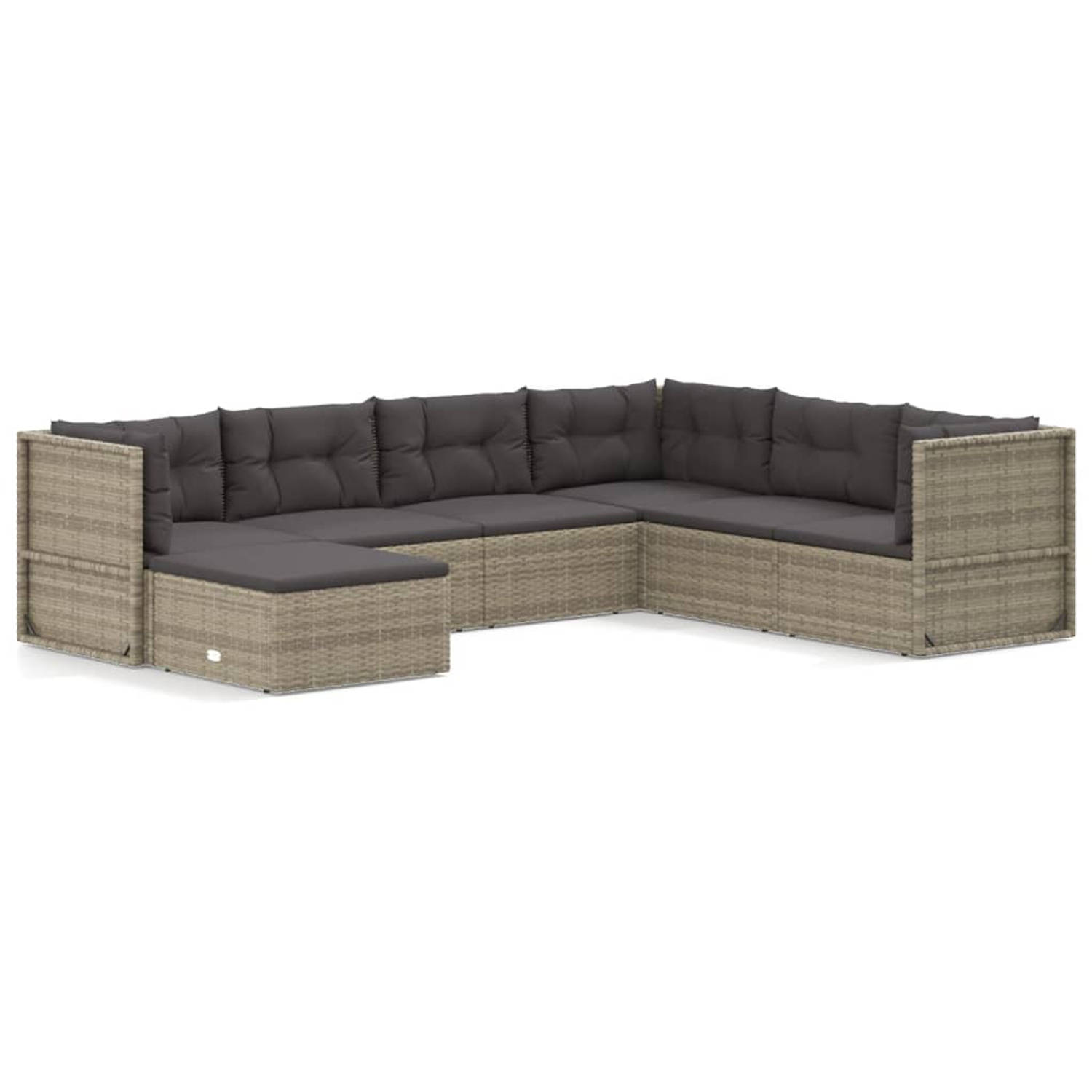 The Living Store 7-delige Loungeset met kussens poly rattan grijs - Tuinset