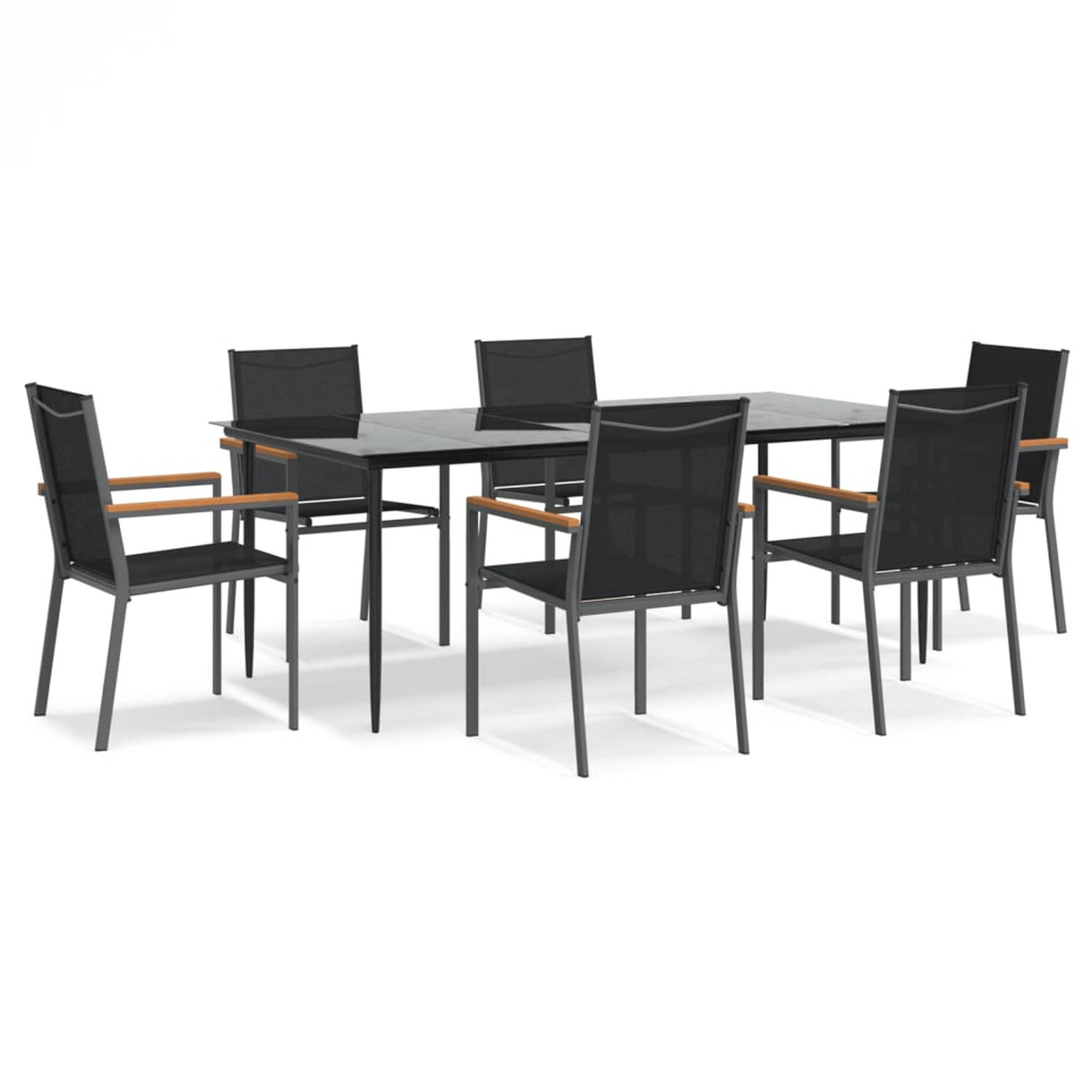The Living Store Tuinset - Comfort - Eettafel en 6 stoelen - 200 x 100 x 74 cm - Zwart-textilene/staal/HKC - Comfortabele zitting