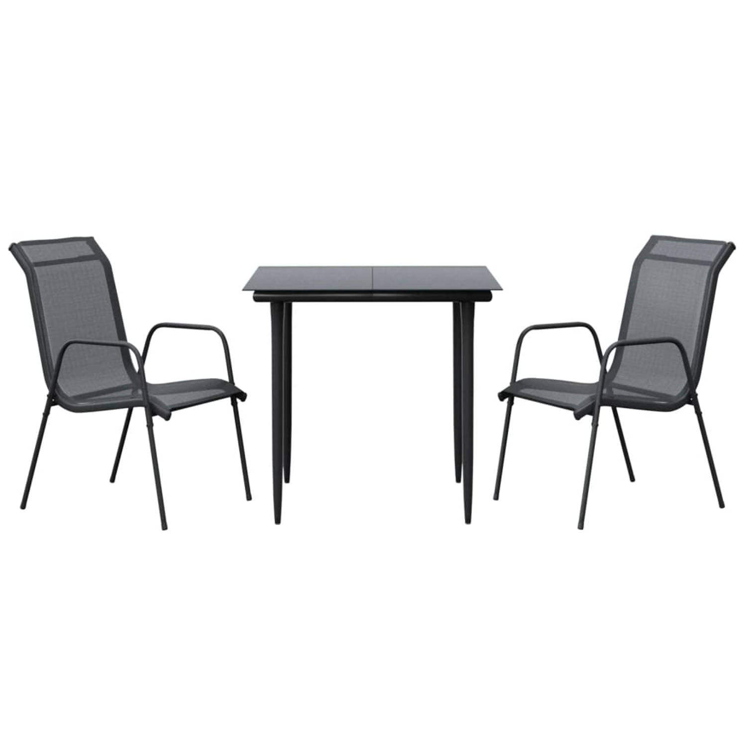 The Living Store Tuinset - zwart - gepoedercoat staal en gehard glas - 80 x 80 x 74 cm - 2 stoelen