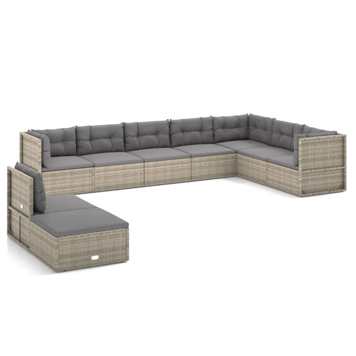 The Living Store 9-delige Loungeset met kussens poly rattan grijs - Tuinset