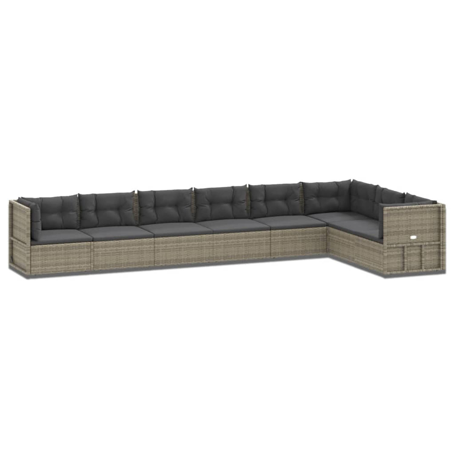 The Living Store 8-delige Loungeset met kussens poly rattan grijs - Tuinset