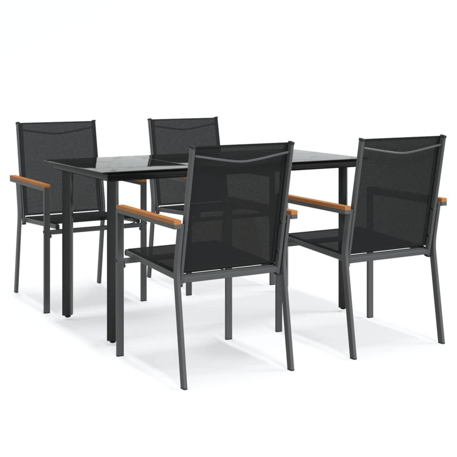 The Living Store Tuinset - Comfort - Eettafel en 4 stoelen - Zwarte kleur - Textilene - gepoedercoat staal en gehard glas - 140 x 70 x 74 cm (L x B x H) - Maximaal draagvermogen 11