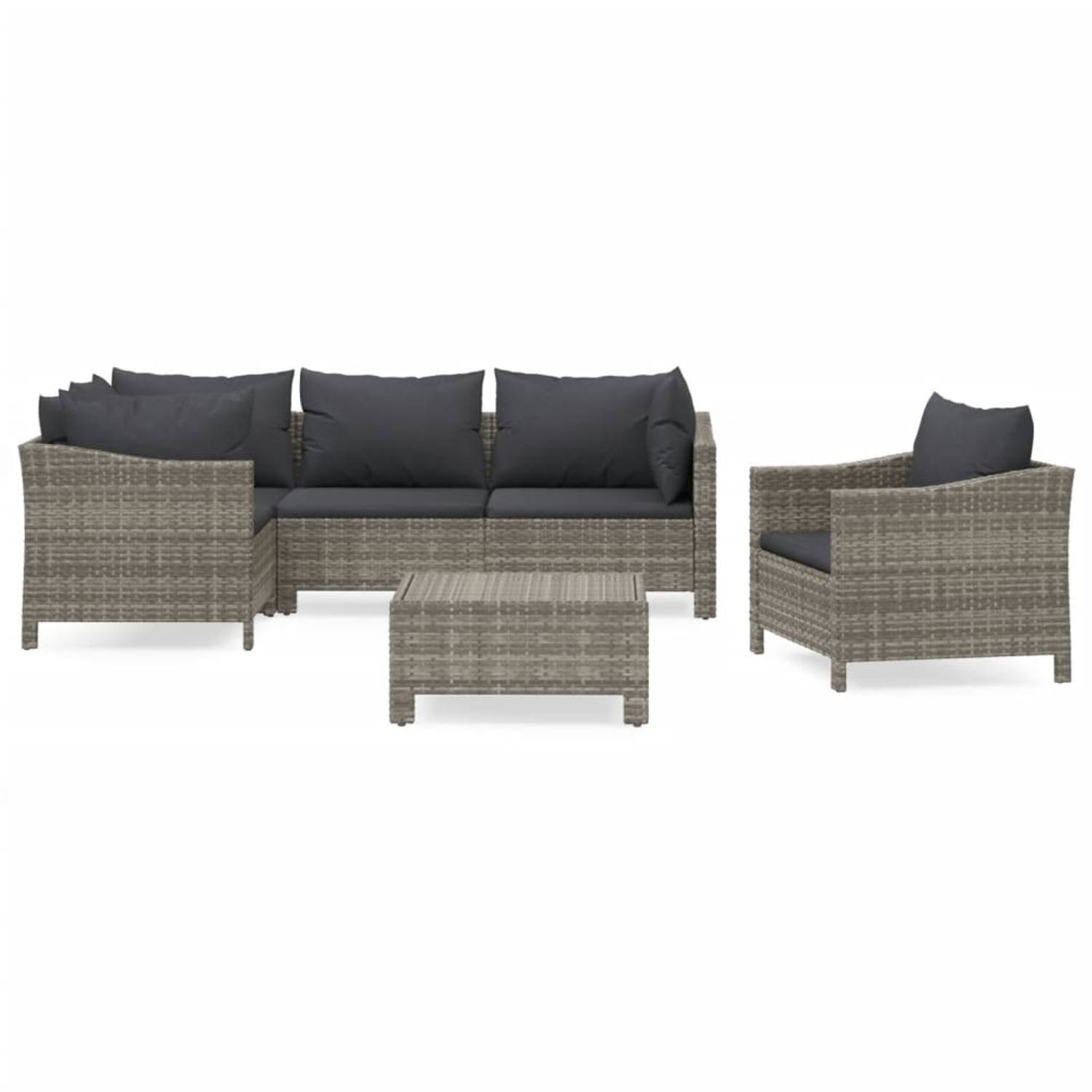 The Living Store 6-delige Loungeset met kussens poly rattan grijs - Tuinset