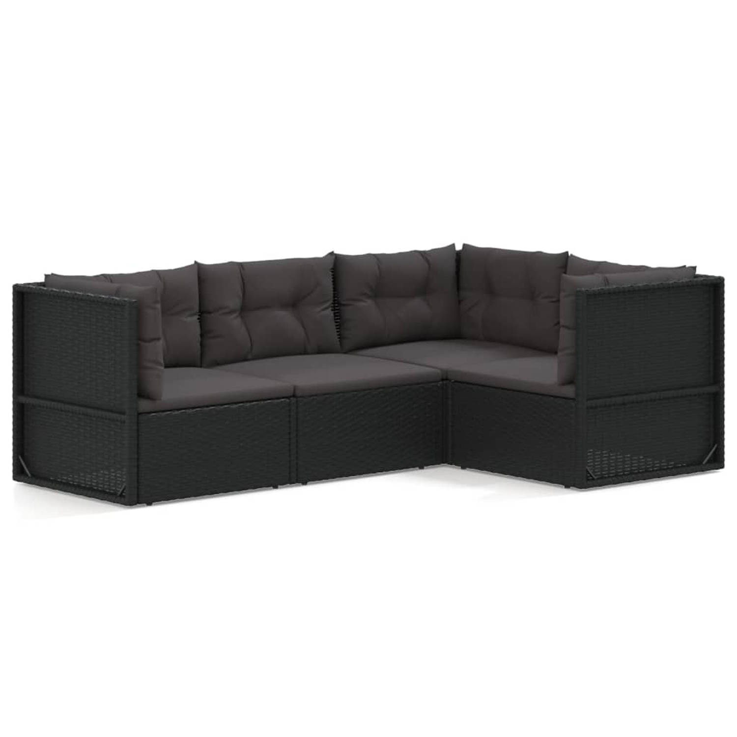 The Living Store Loungeset Zwart - Hoekbank 54x54x24.5/38/50/55 cm - Middenbank 54x54x55 cm - Kussens Inbegrepen