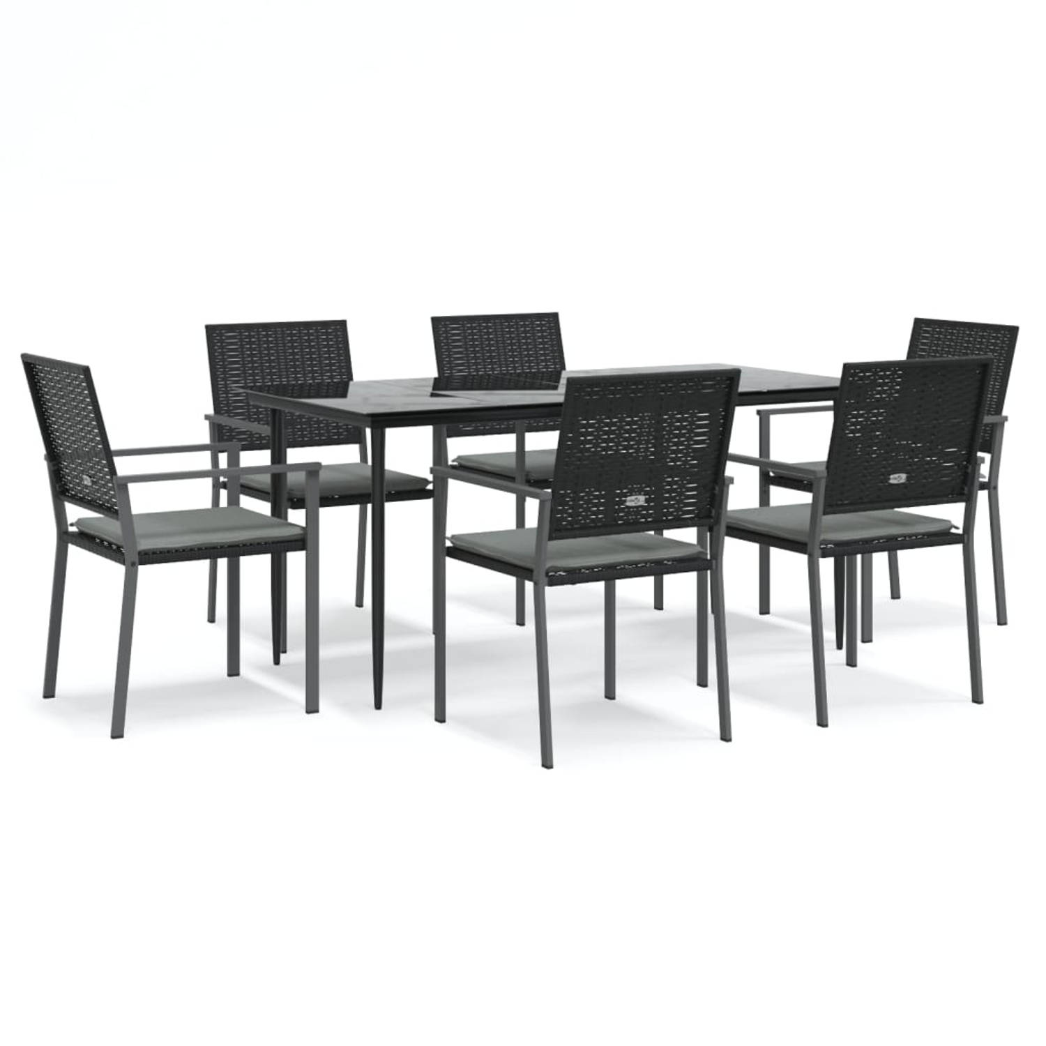 The Living Store Dining Set - PE-rattan - 6 Stoelen - Tafel 160x80x74 cm - Zwart - Lichtgrijze Kussens