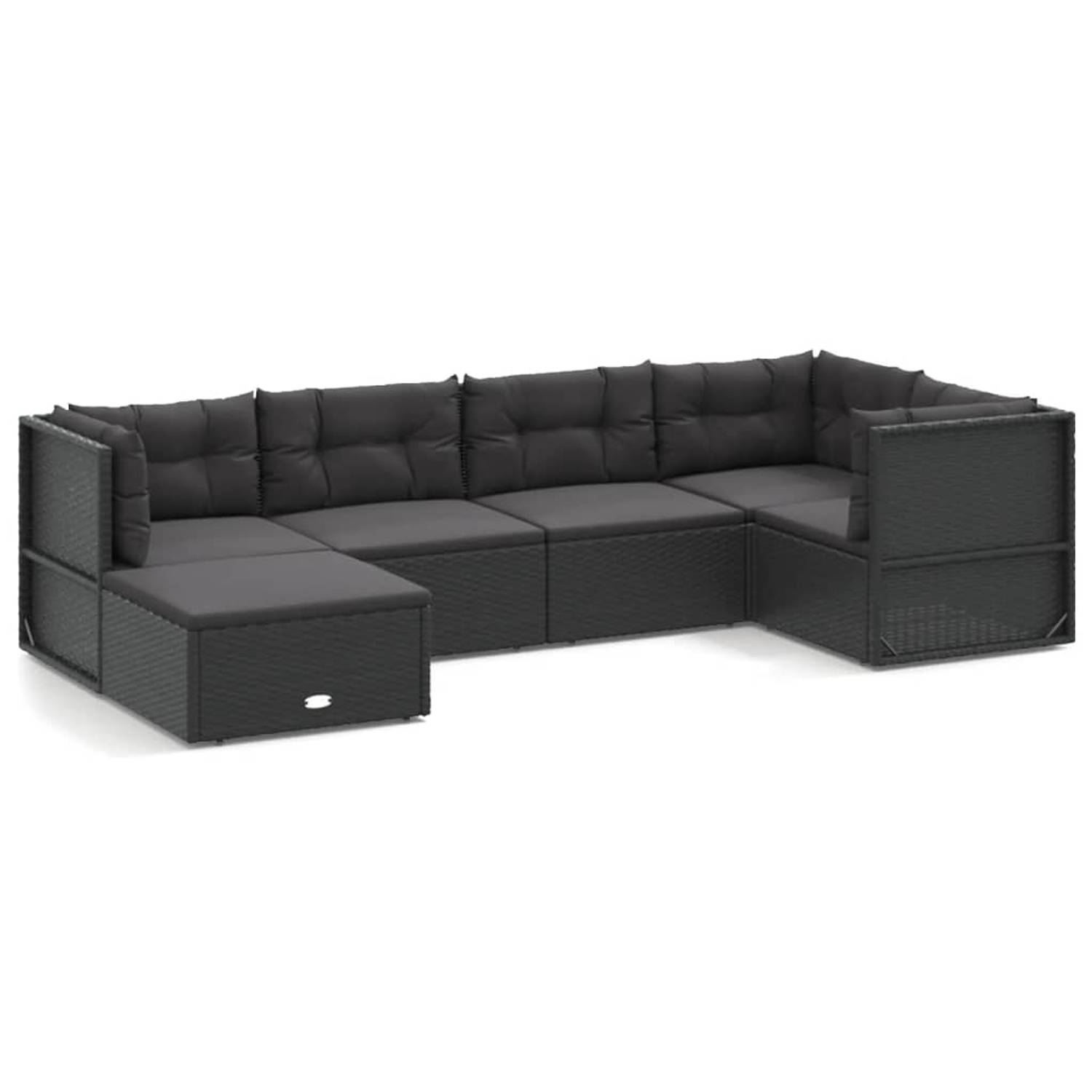 The Living Store 6-delige Loungeset met kussens poly rattan zwart - Tuinset