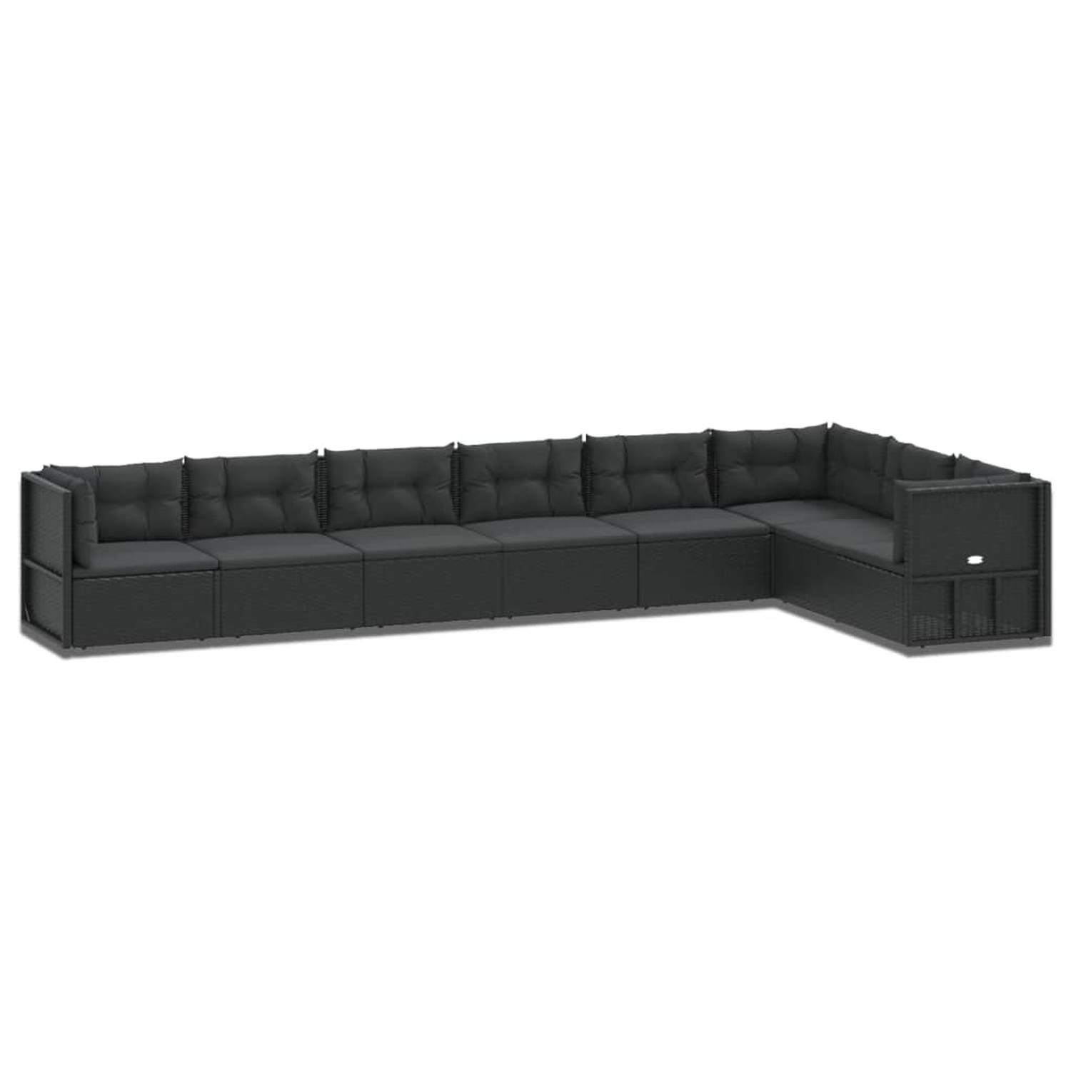 The Living Store Loungeset - zwart PE-rattan en gepoedercoat staal - hoekbank- 54 x 54 x 24.5/38/50/55 cm - middenbank- 54 x 54 x 55 cm - inclusief kussens