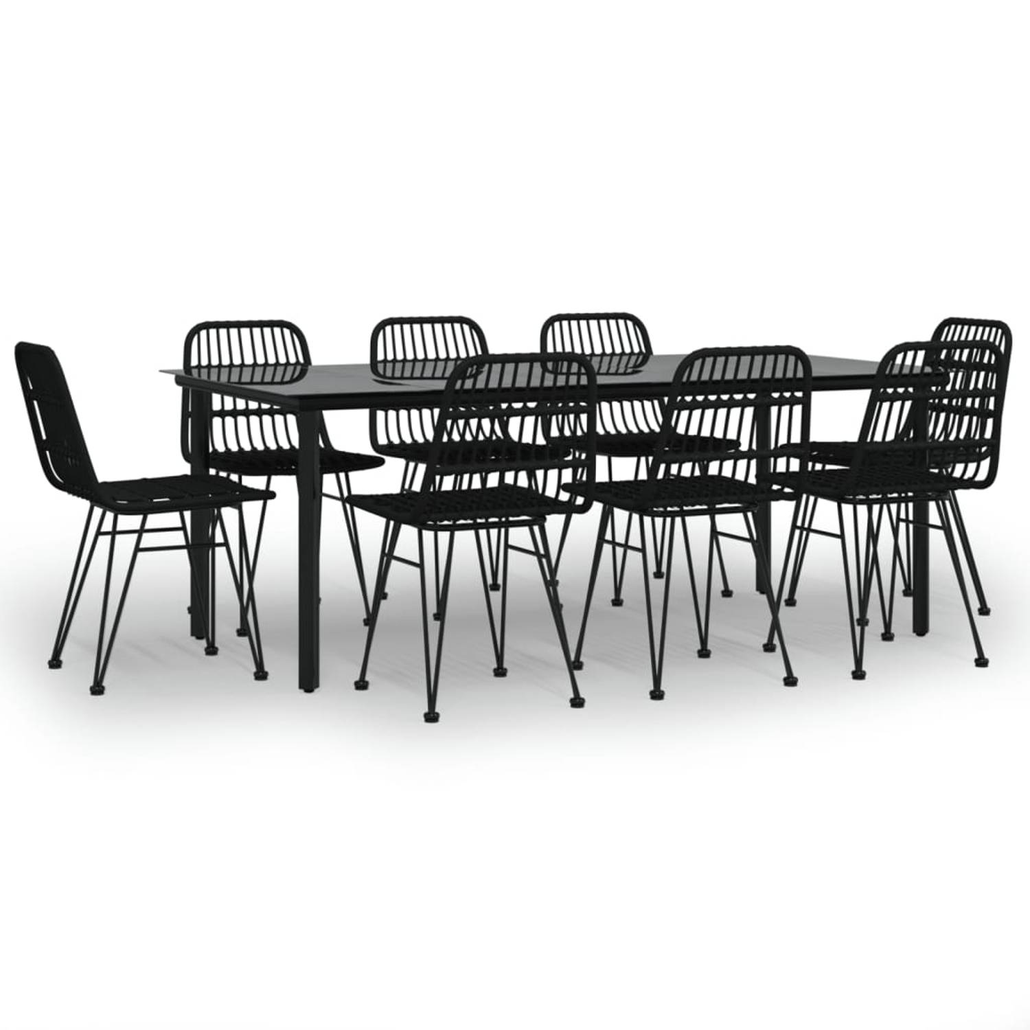 The Living Store Tuinset - Rattan - Tafel- 200x100x74cm - Stoel- 48x62x84cm - Zwart - PE-rattan - Staal - Gehard glas - Set van 1 tafel en 8 stoelen